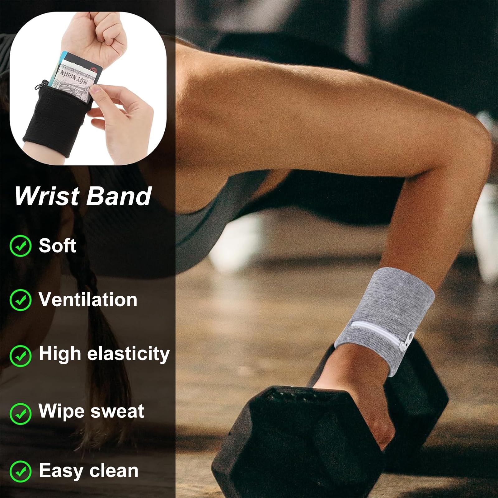 6 fasce per il sudore, da polso, con chiusura lampo, per allenamento, sport, saldatura, con tasca, per donna, uomo, fitness, corsa