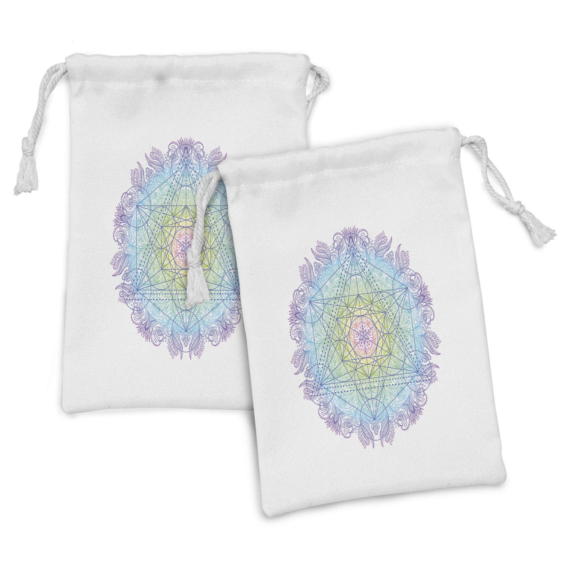 Ambesonne Ethnic Fabric Pouch Set of 2, Mandala Round with Geometry Element Metatron Cube Alchemy Theme, Small Drawstring Bag for Toiletries Masks and Favors, 9" x 6", Multicolor
