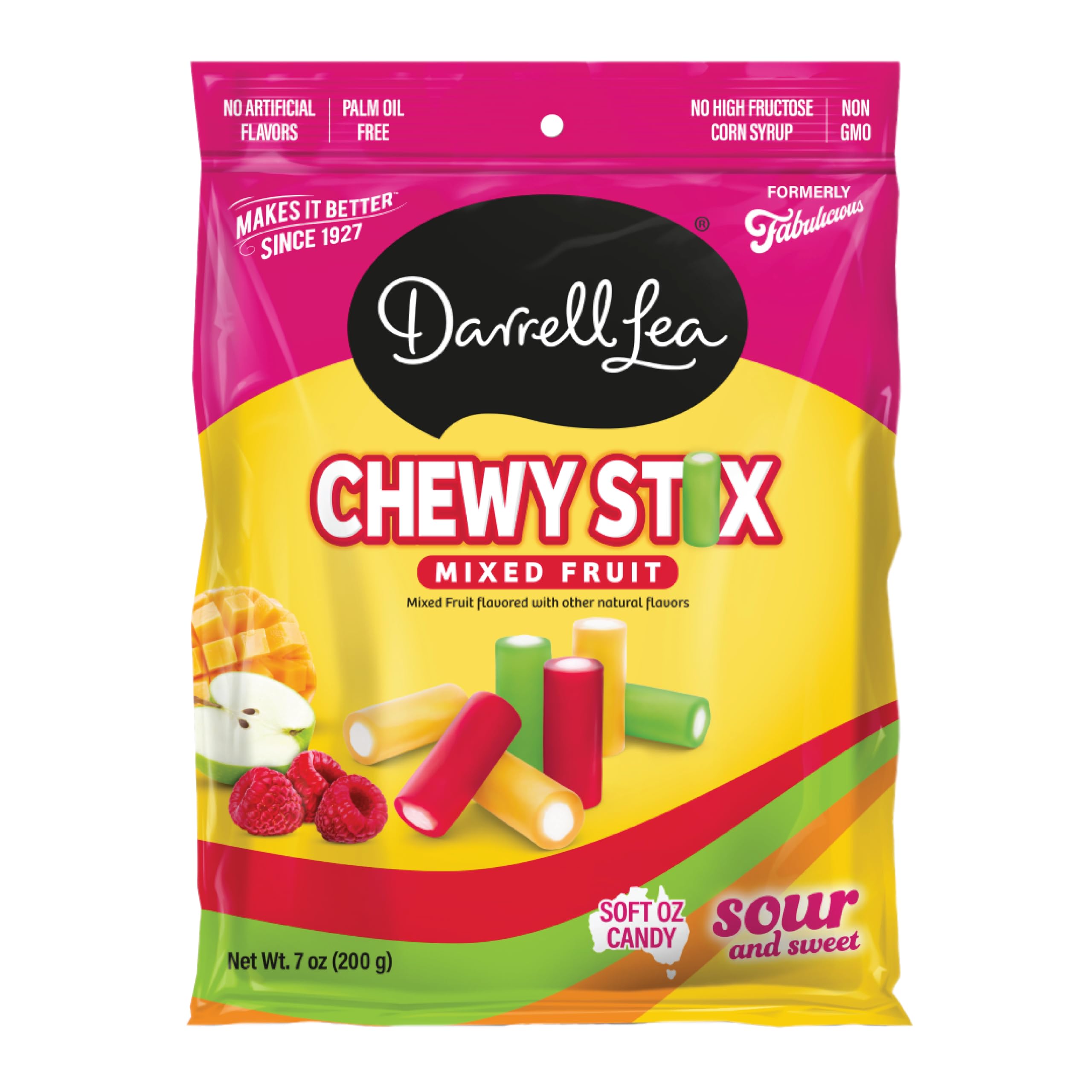 Darrell Lea Fabulicious Sour Candy Stix, Soft and Tangy, No Artificial Flavors, Palm Oil Free, Made in Australia, Shareable (Sour Mixed Fruit, 7 Ounce (Pack of 1))