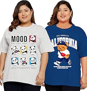 Elite soul Womens Plus Size Oversized Baggy Fit Drop Shoulder Graphic Design T-Shirt | Combo Pack of 2, Half Sleeves, Kore... Price In India