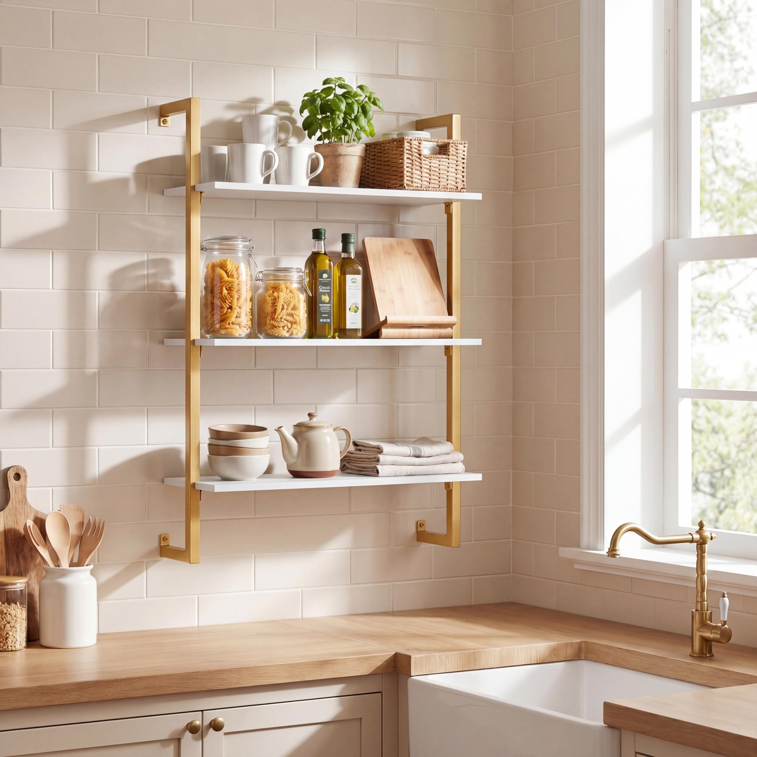 KOMFOTTEU Estantería de Pared de 3 Niveles, Estante de Almacenamiento Suspendido con Estructura Metálica, Mueble Organizador para Oficina, Cocina, Salón, 53 x 23 x 90 cm (Dorado y Blanco)