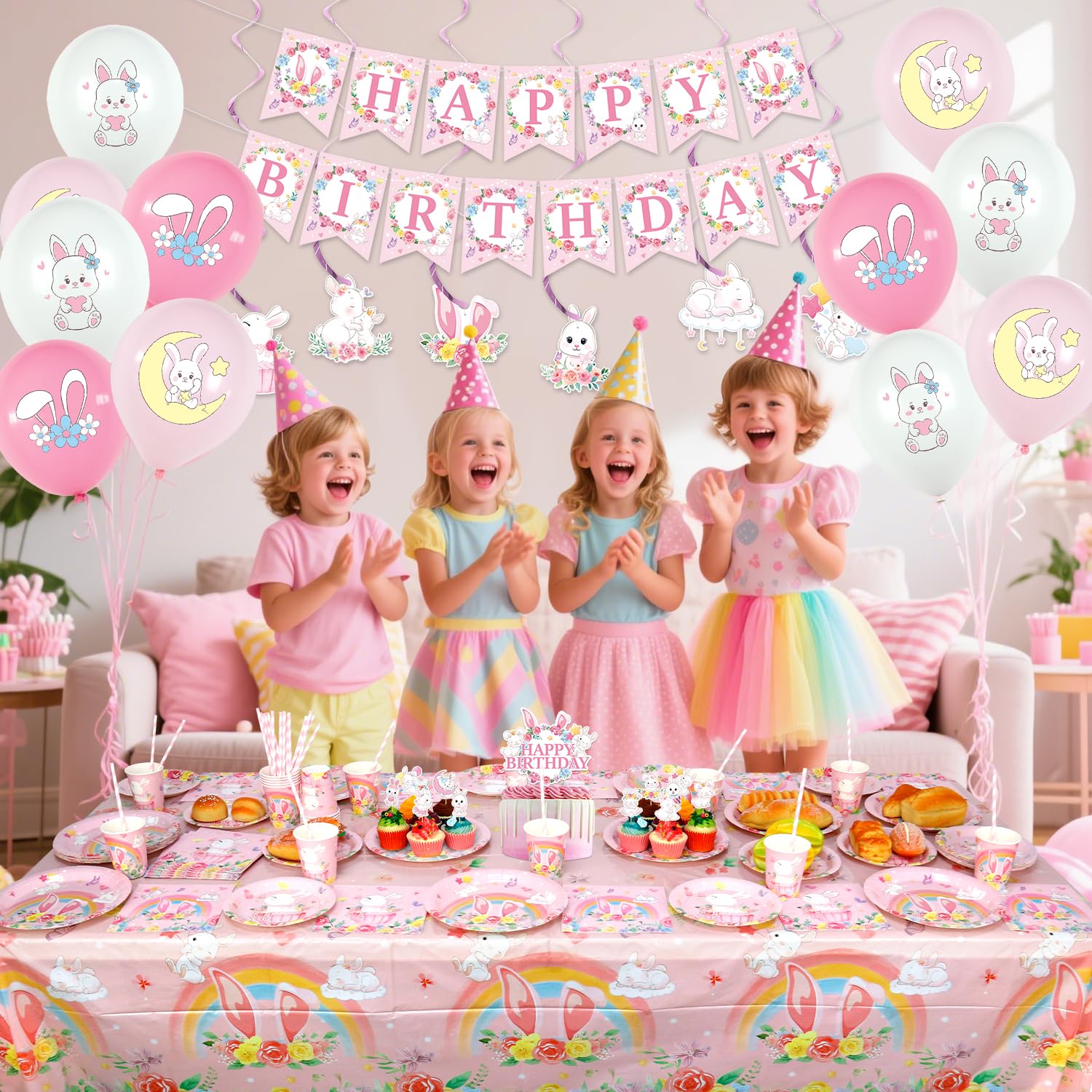 Bunny Decorazioni per feste di compleanno – Accessori per feste con coniglio tra cui striscioni, piatti, decorazioni per torte, bicchieri, tovaglioli, palloncini, tovaglie, per 20 persone (LQ