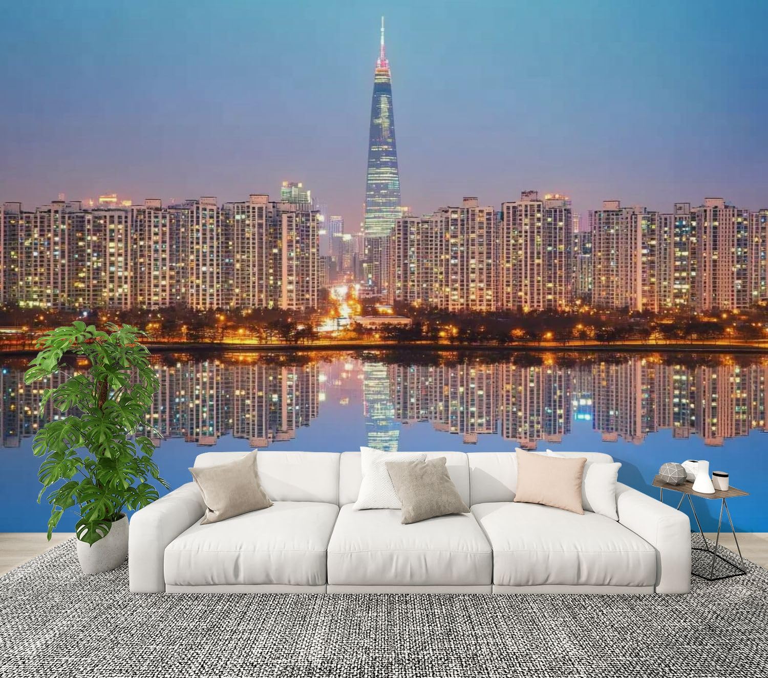 Modern Peel and Stick Wall Mural Wallpaper Seoul City Skyline River Tower Seoul South Korea Self Adhesive Removable Wall Stickers for Living Room