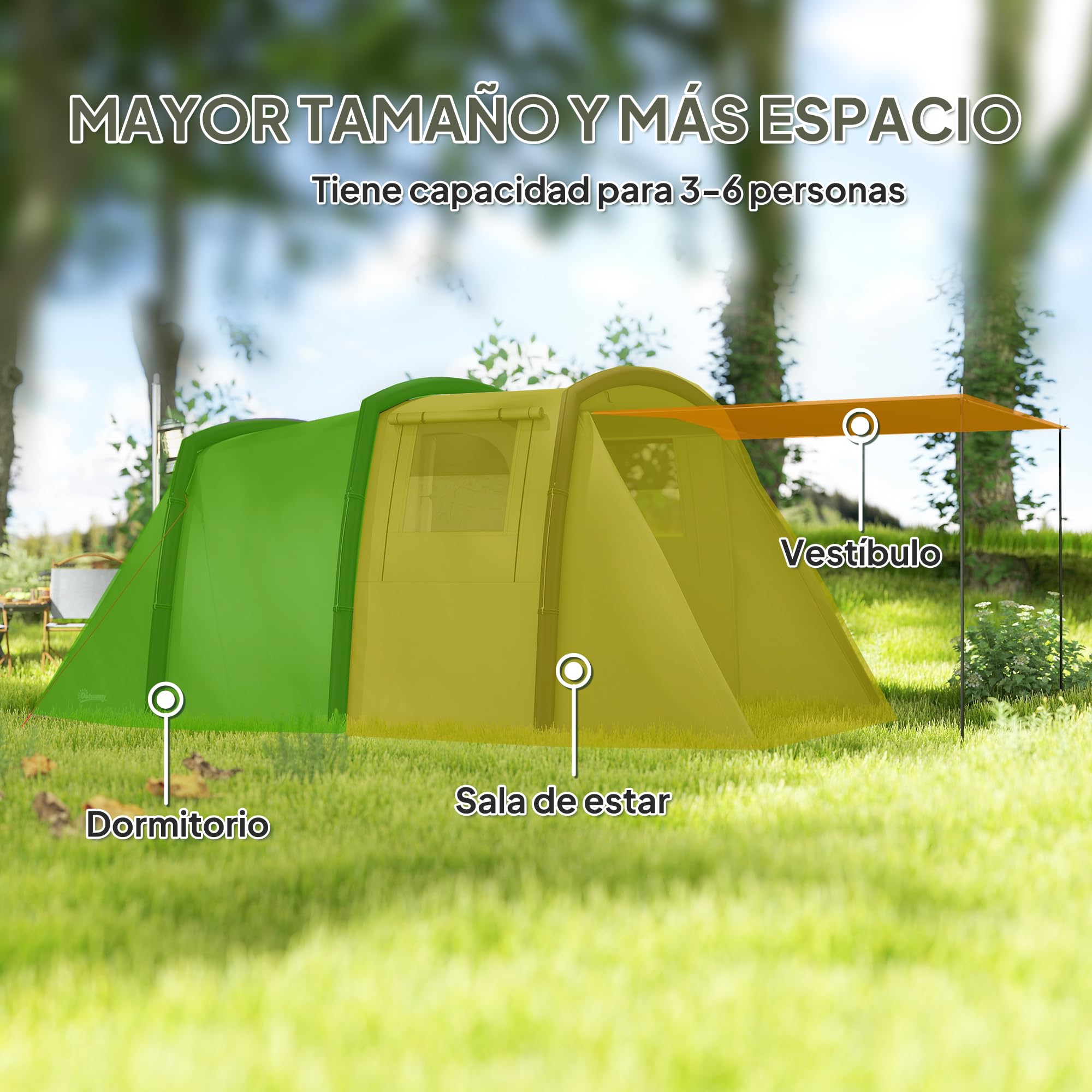Outsunny Tenda da campeggio gonfiabile per famiglie tipo tunnel per 3-6 persone Tenda da campeggio glamping con vestibolo Finestre in rete e borsa per il trasporto Protezione UV 50+ Impermeabile