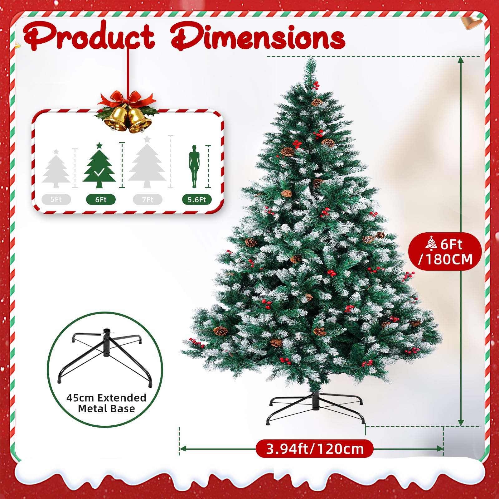 Künstlicher Weihnachtsbaum 180CM,1400 Weiße Äste Einfache Montage, 45CM Eisenständer Inklusive 6 Verschiedene Dekorationen