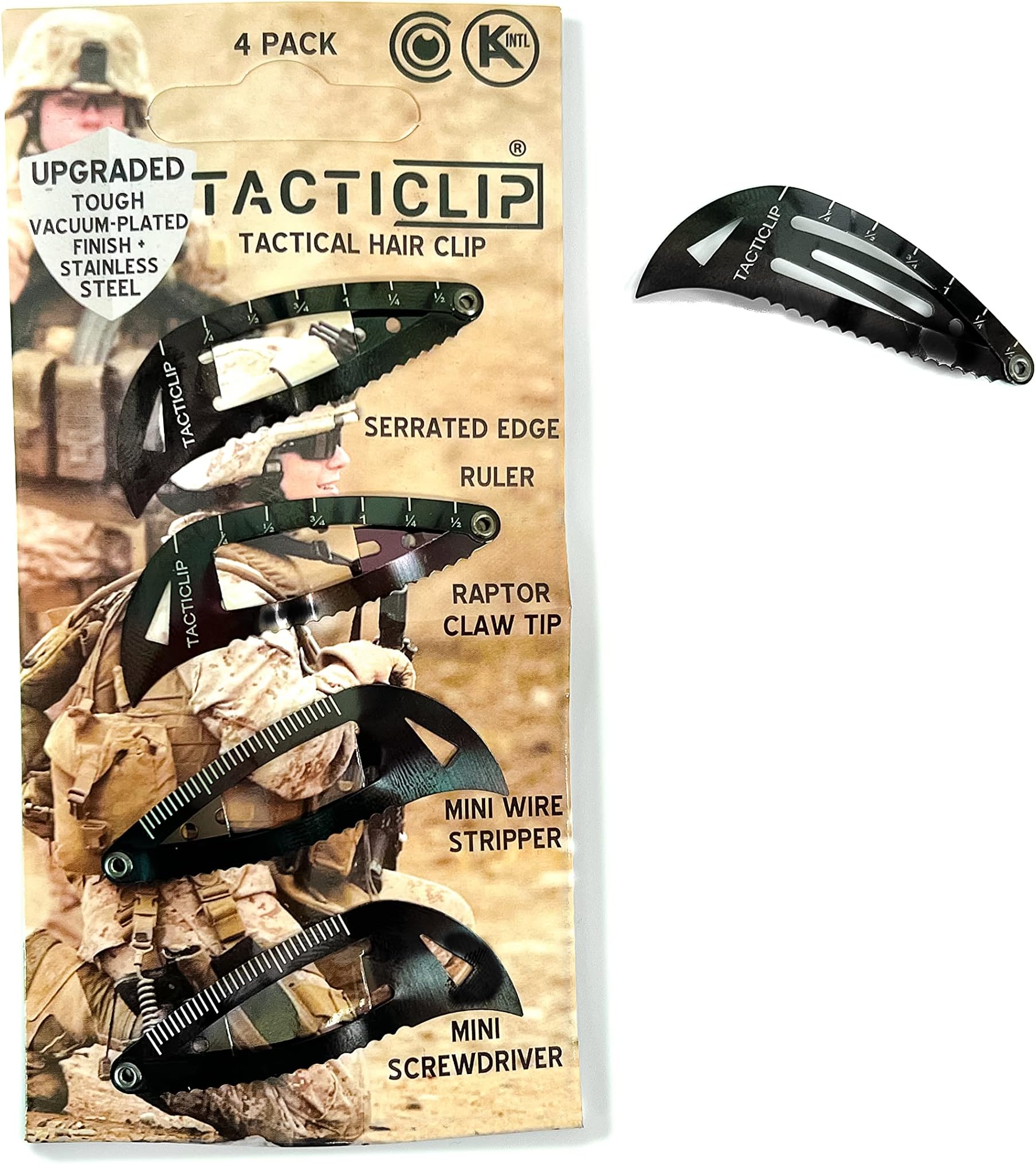 4 Pack - Tactical Hair Clips, Multitool Snap Barrettes - Multi-Functional Keychain Metal Multi Tool - Box Cutter, Serrated Edge, Raptor Claw - No Slip for Thick Hair, Kippah clips, Travel