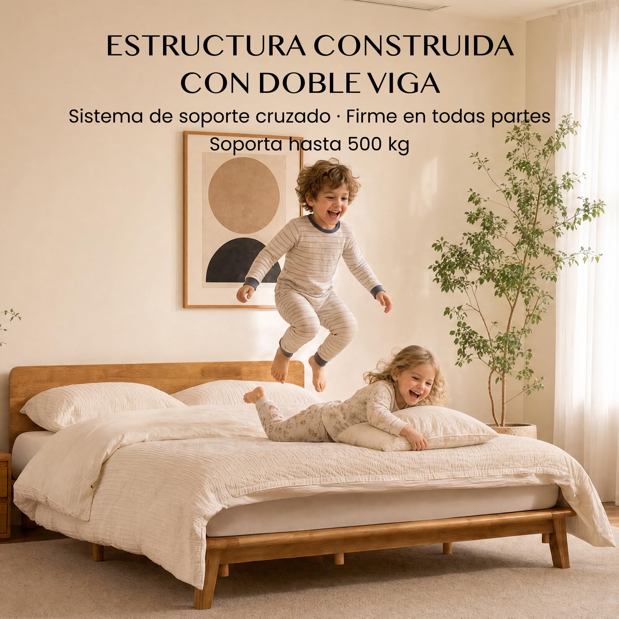 FLEXISPOT Cama de Madera Maciza 160x200 cm, Cama Doble de Madera de Caucho Natural, Sin Formaldehído, Montaje Sin Herramientas, Cabecero con Estante, Diseño Japandi, Cama Matrimonio Hako G1