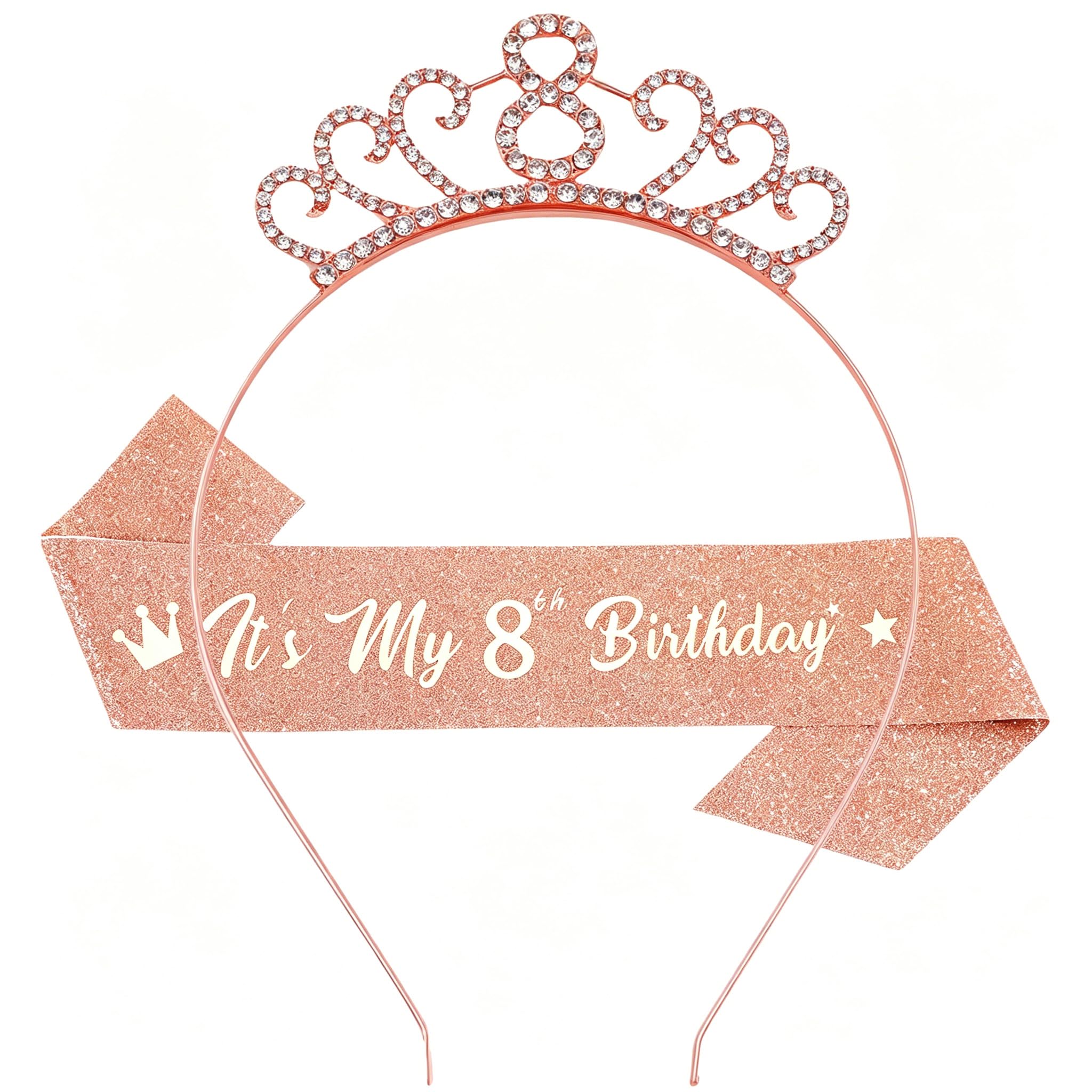 WeveriColle 8th Birthday Sash and Crown Crystal Tiara Headband for Girls 8th Birthday Decorations for Girl 8th Birthday Gifts Party Accessory Rose Gold