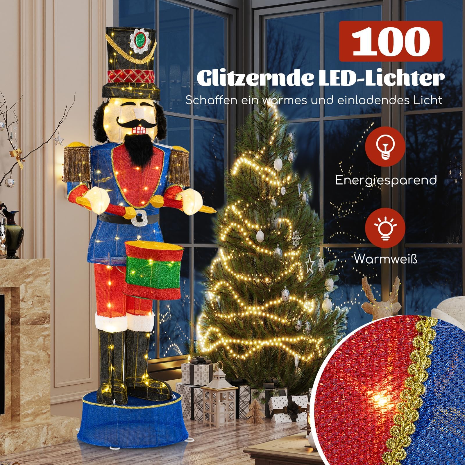 COSTWAY Weihnachten Nussknacker Figur groß, 185 cm beleuchtete Weihnachtsdeko XXL, Weihnachtsfigur mit Trommel & 100 LED-Lichtern, Weihnachtsdekoration, Weihnachtsbeleuchtung für außen und innen