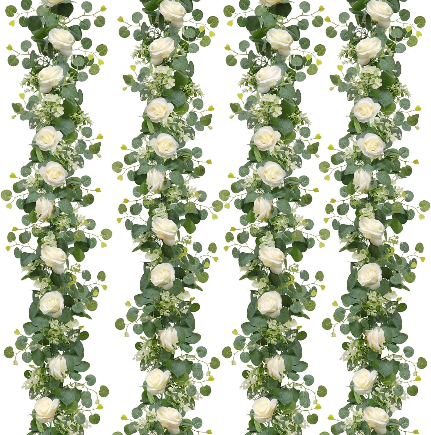 Dremisland 4PCS /24 FT Artificial Eucalyptus Flower Garland Summer Decor White Rose Garland Silk Flowers Fake Eucalyptus Plants Faux Vines Greenery Garlands for Wedding Home Table Runner Backdrop