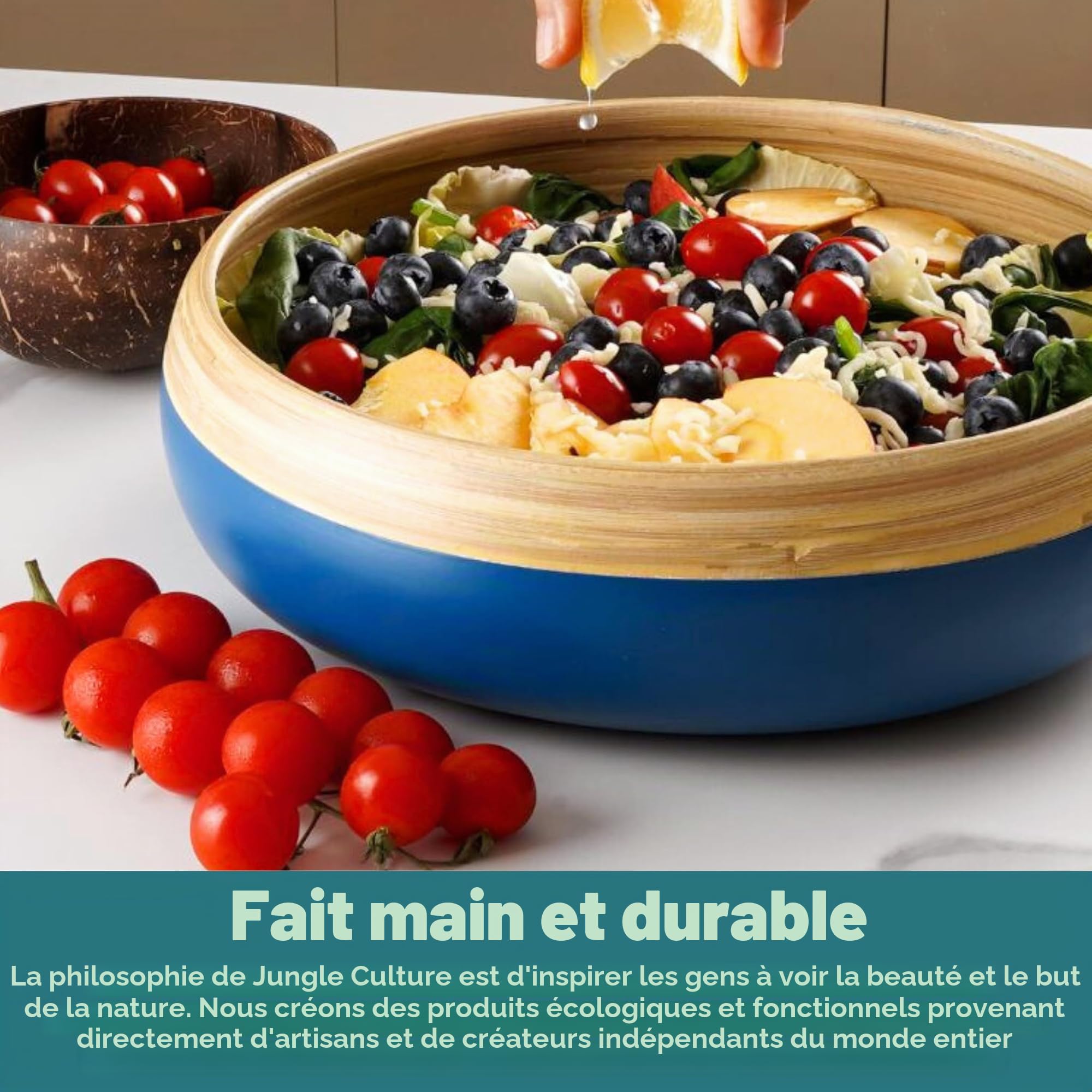 Jungle Culture Grand bol à fruits en bambou • Bols de service à salade en bois respectueux de l'environnement • Élégant bol à fruits ou salade fait à la main en bleu • Panier à pain en bois pour la