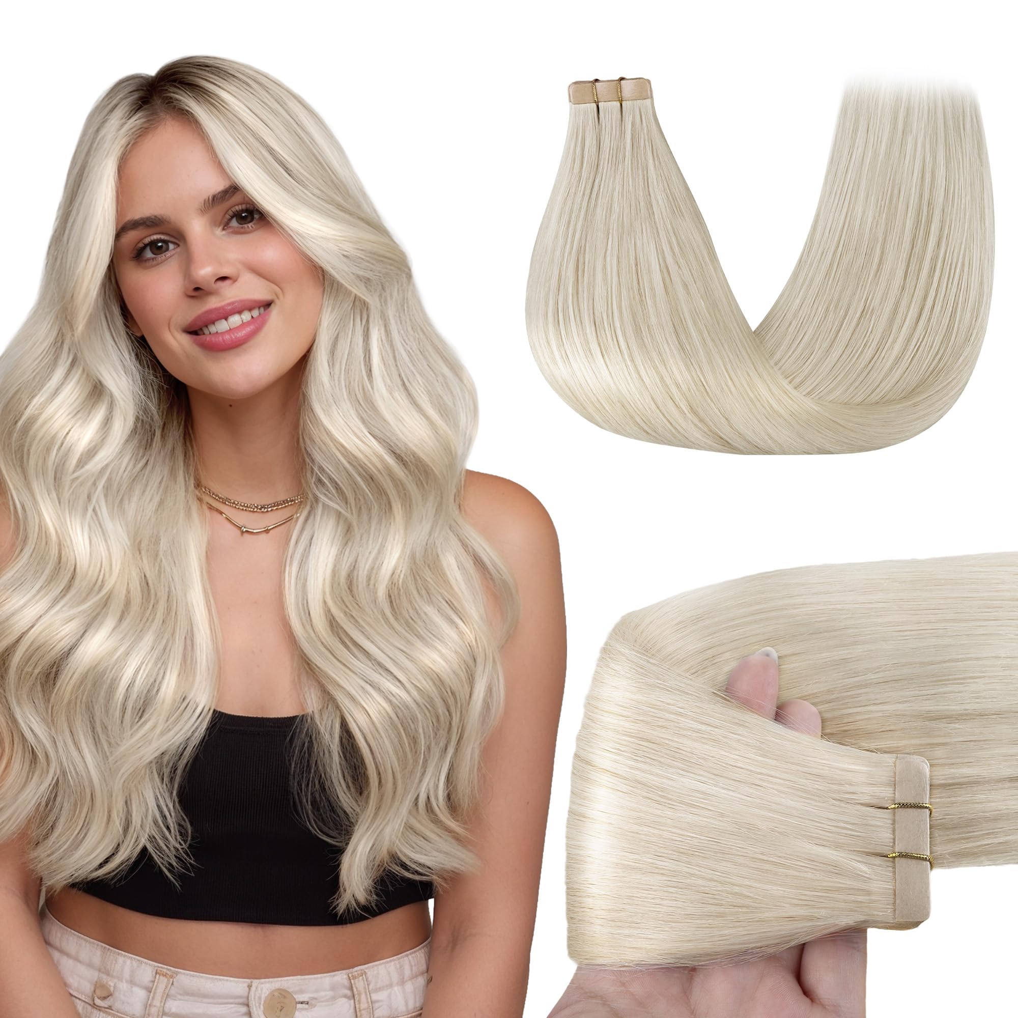 GOO GOO Tape Extensions Echthaar, 50cm 50g 20 Stk., #60A Naturblond | Remy Echthaar, Seidig Weich, Verfilzungsfrei, Unsichtbare, Starker Halt, Langlebig, für Alltag, Feiern, Partys