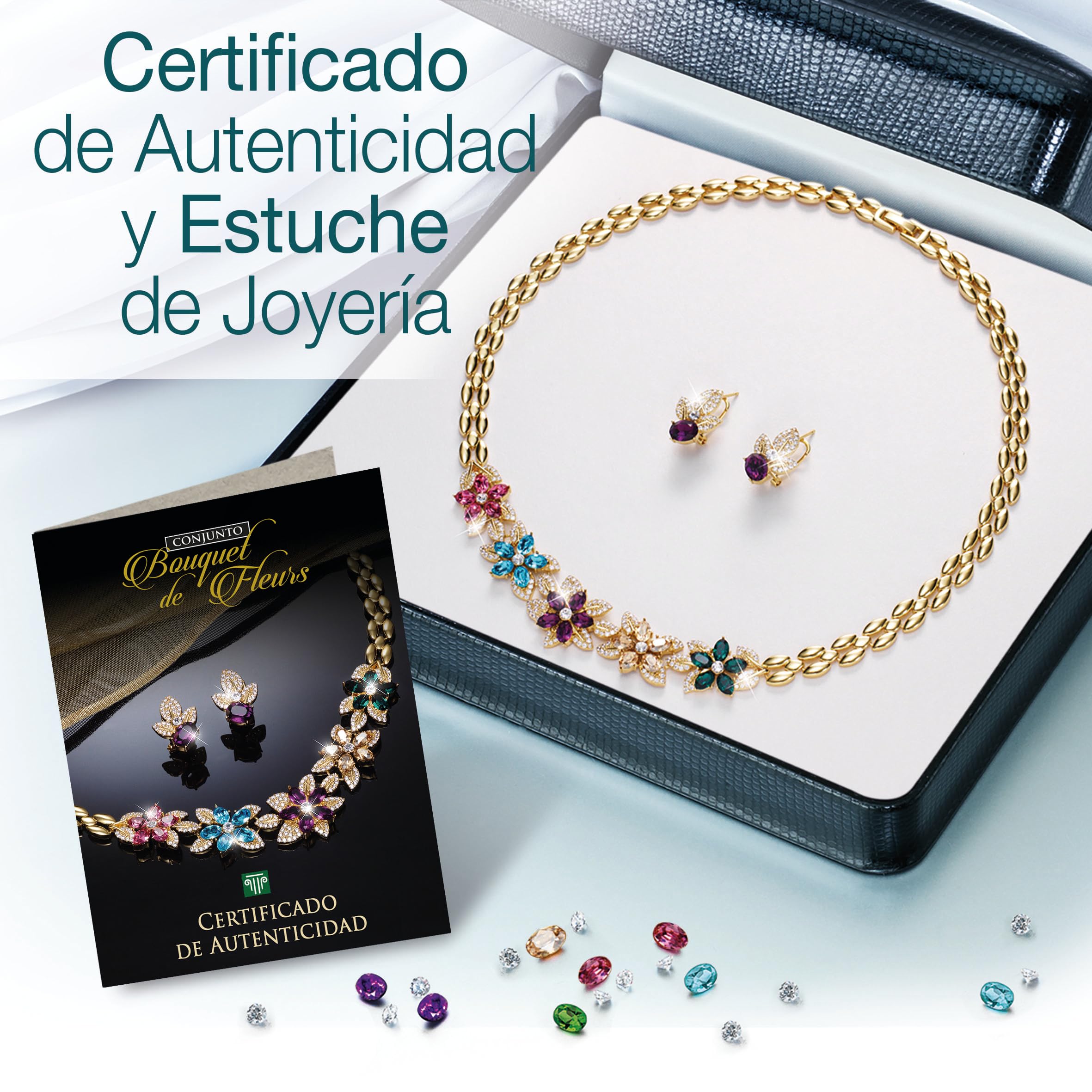 Conjunto BOUQUET DES FLEURS Gargantilla y Pendientes bañados en Oro de 1ª Ley 18K con 27 cristales de Swarovski® y más de 260 Circonitas. Ideal para regalo. Con Pañuelo de diseño para ti