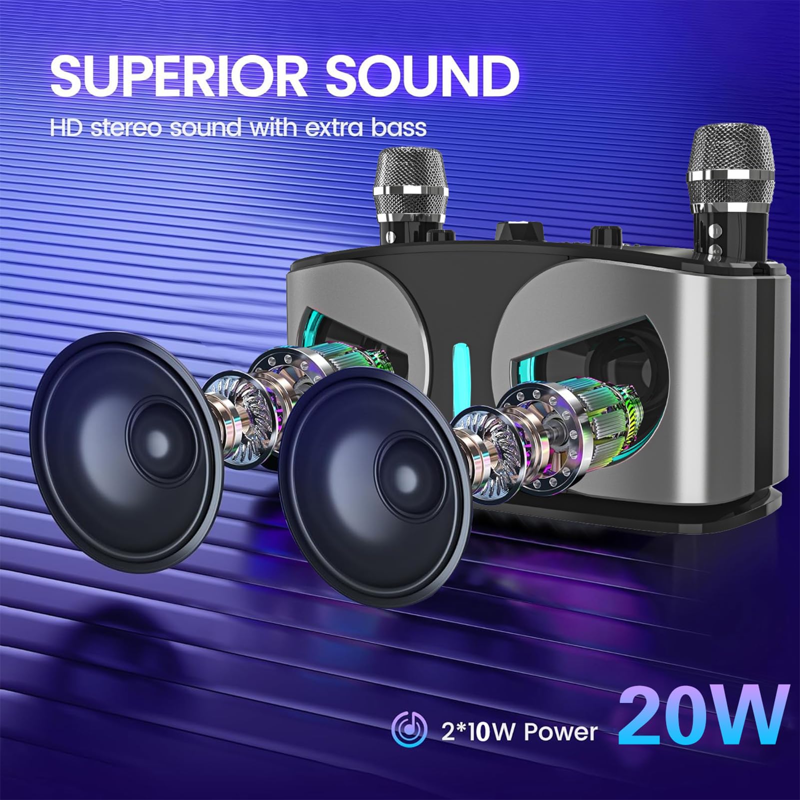 Dilwe Karaoke, altoparlante Bluetooth portatile con 2 microfoni wireless RGB effetti di luce per feste a casa all'aperto (grigio)