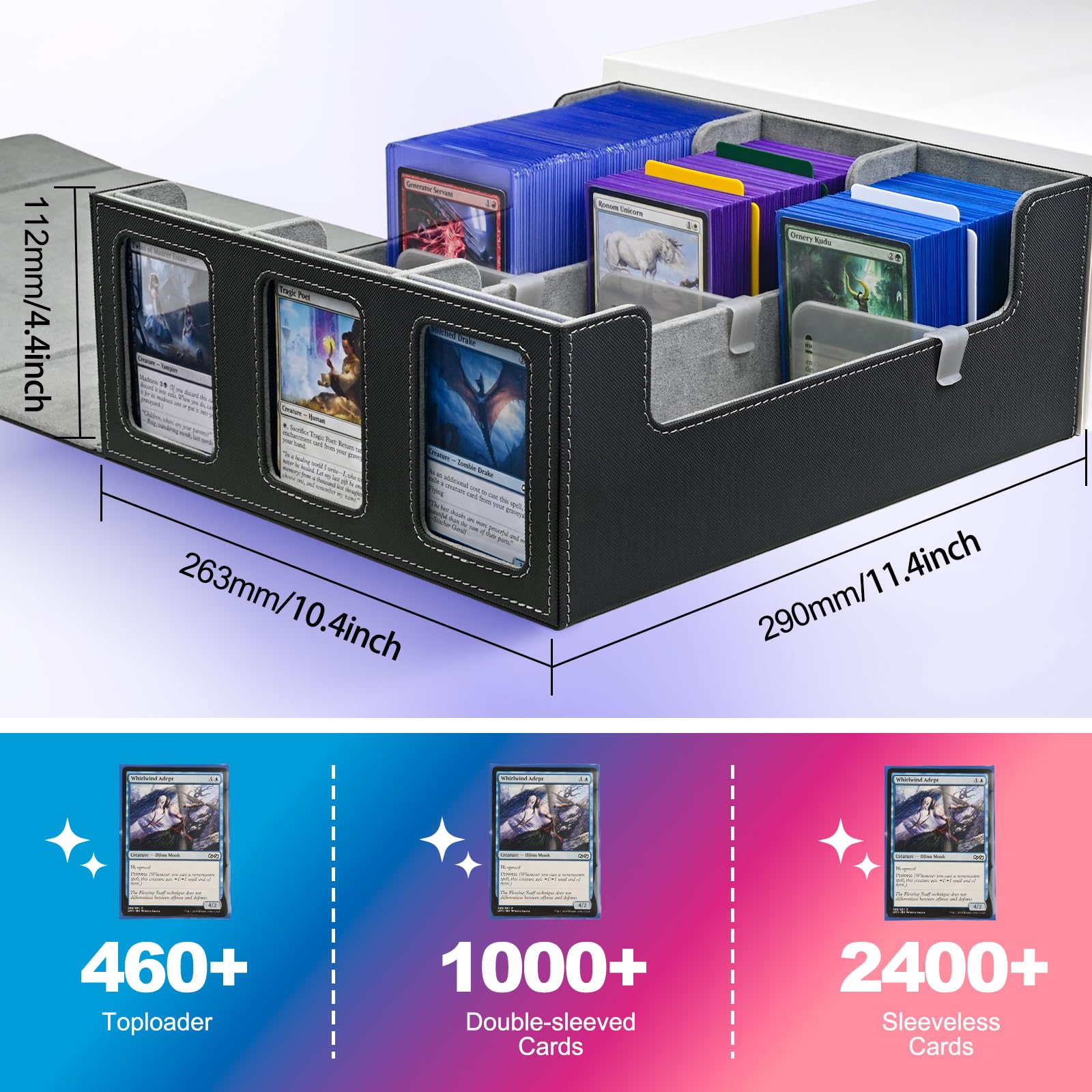 UAONO Boîte de rangement pour cartes à collectionner pour écran Commander, plus de 1800 MTG avec 3 toploaders, étui pour cartes de sport Magic PTCG (noir et gris)