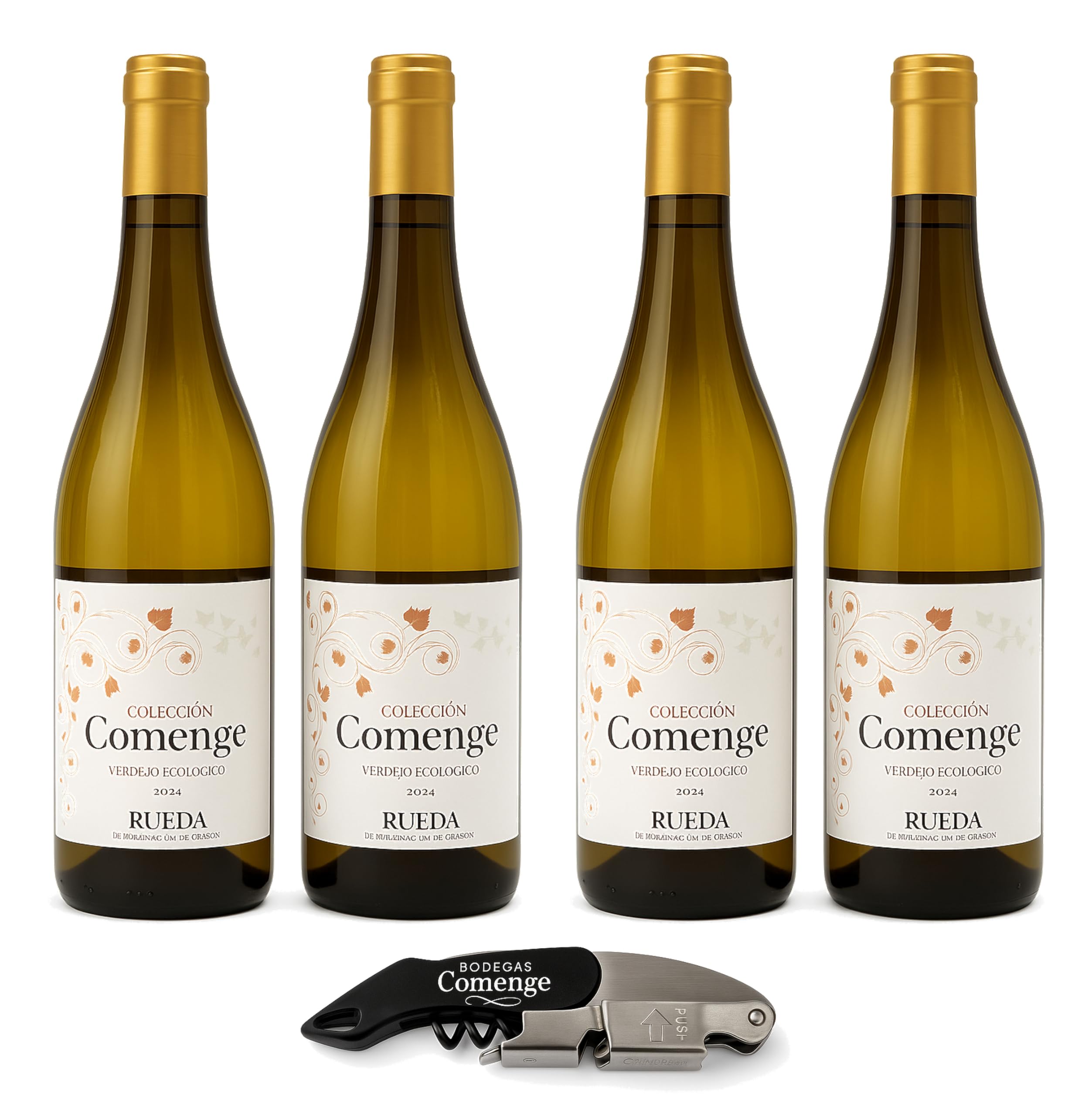 Vino Blanco Verdejo" 2024 D.O. Rueda – Pack 4 vino blanco + Incluye Sacacorchos Premium - Verdejo Ribera del Duero DO Rueda - Caja regalo vinos blancos Bodegas Comenge