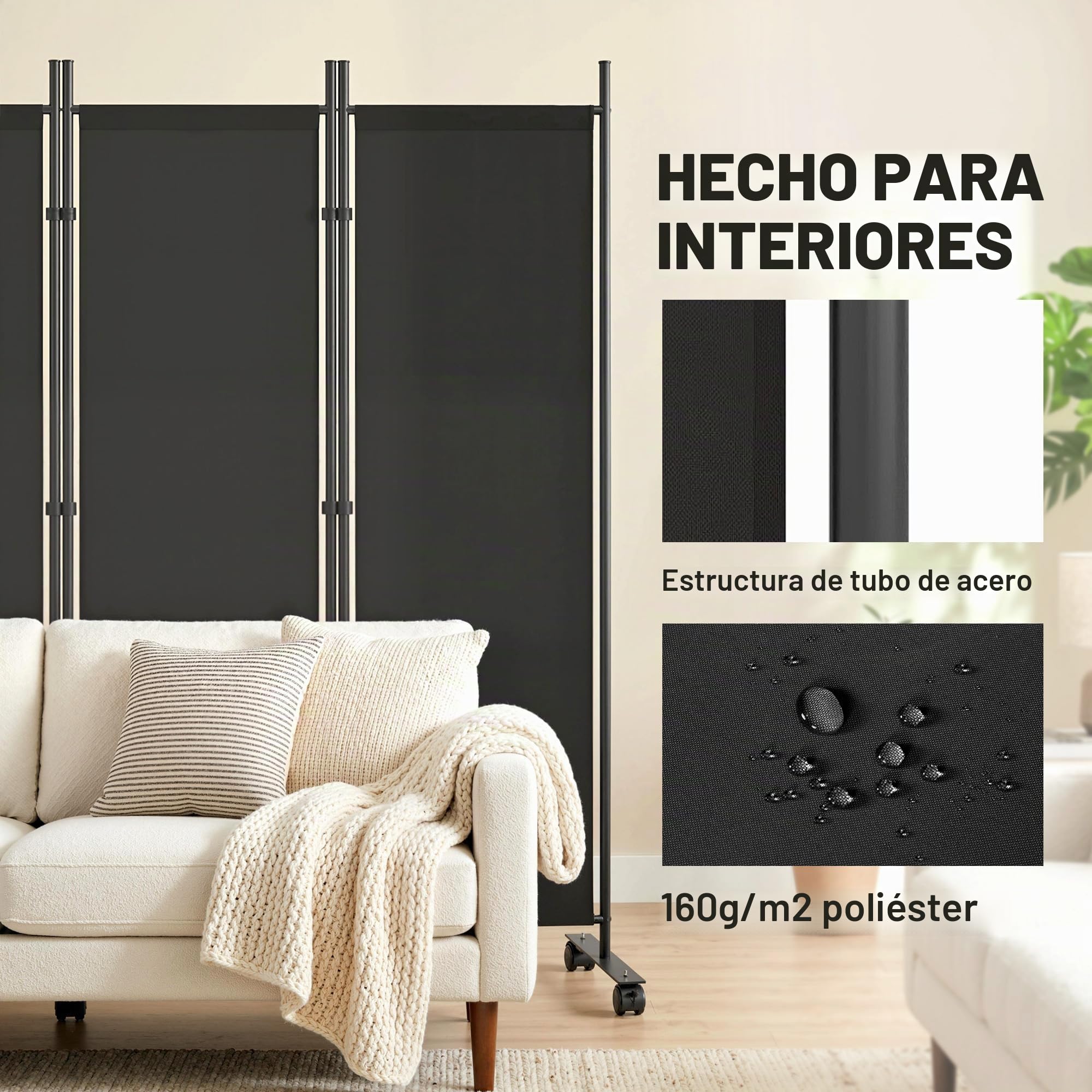 Outsunny Biombo Plegable de 5 Paneles con 12 Ruedas 252x170 cm Negro | Biombo Separador de Ambientes, Clips de Conexión, Montaje Personalizado, para Salón u Oficina
