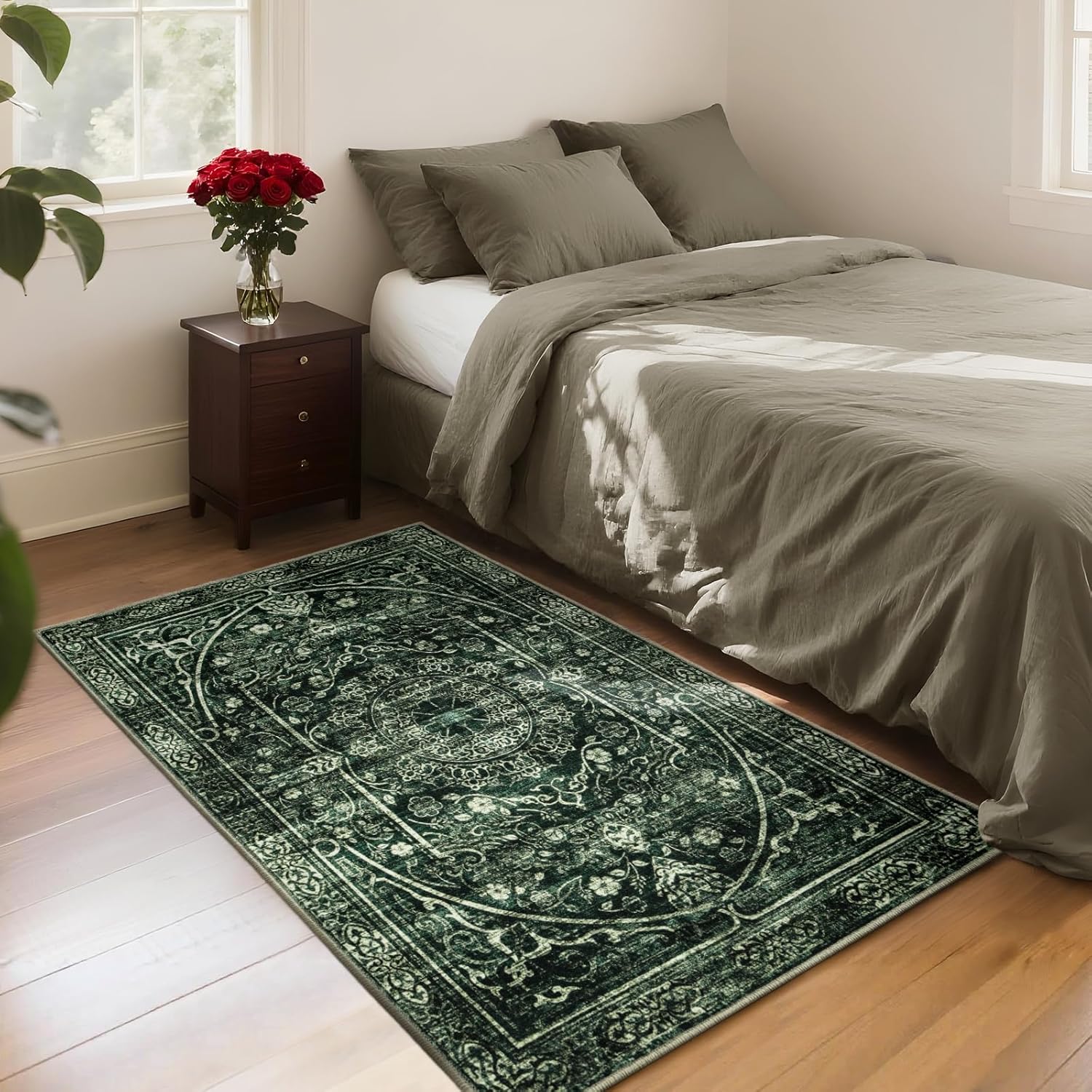 Asrug Vintage Small Area Rug 2x3 - Entryway Washable Rug Non-Slip, Machine Indoor Rugs 2'x3', Easy Clean Soft Low Pile Indoor Floor Decor for Kitchen Office Bathroom, Green