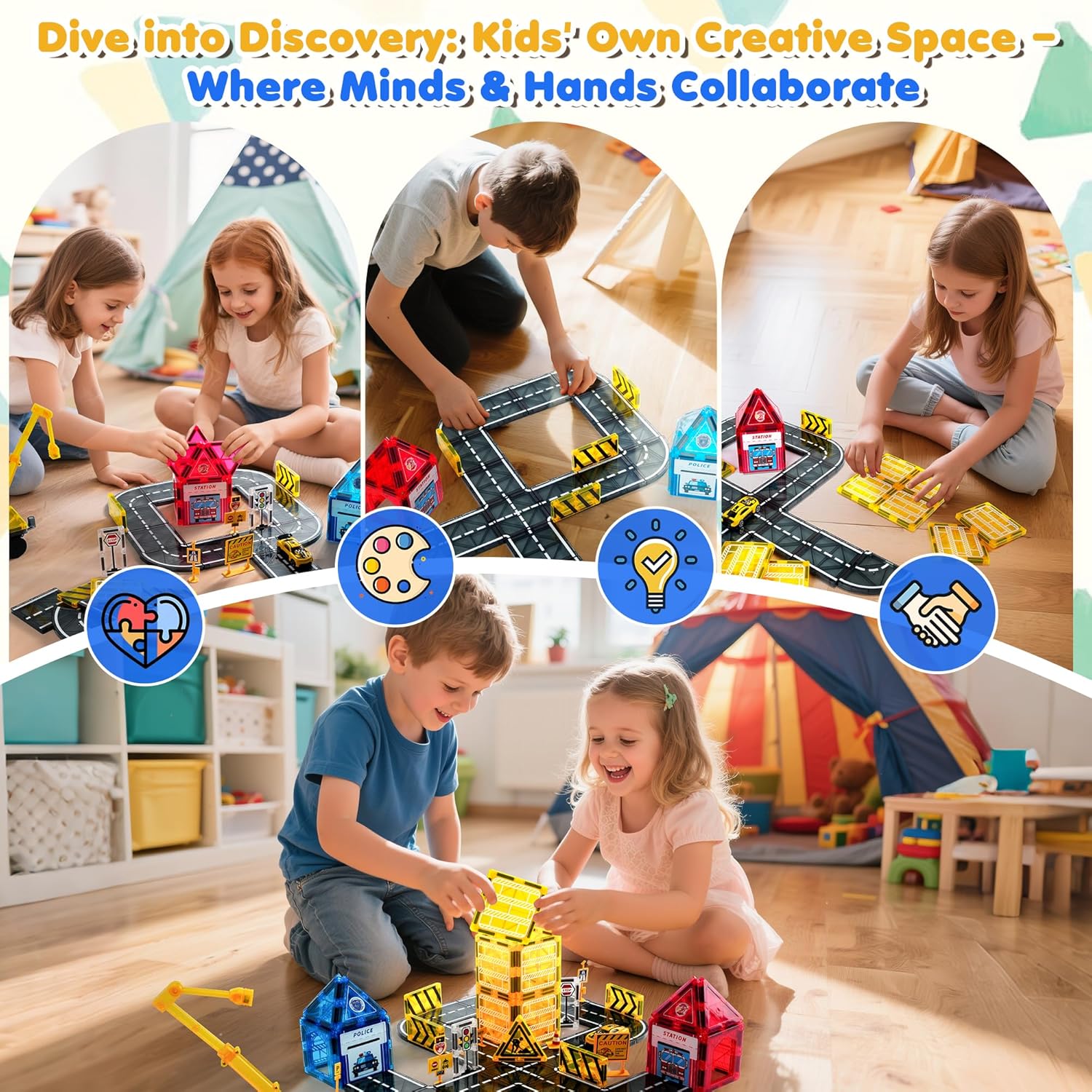Magnetic Tiles Road Construction Set – 55 PCS STEM Engineering Toys with Crane, Cars & Stations, Magnetic Building Blocks for Boys & Girls Ages 3 4 5 6 Birthday Gifts
