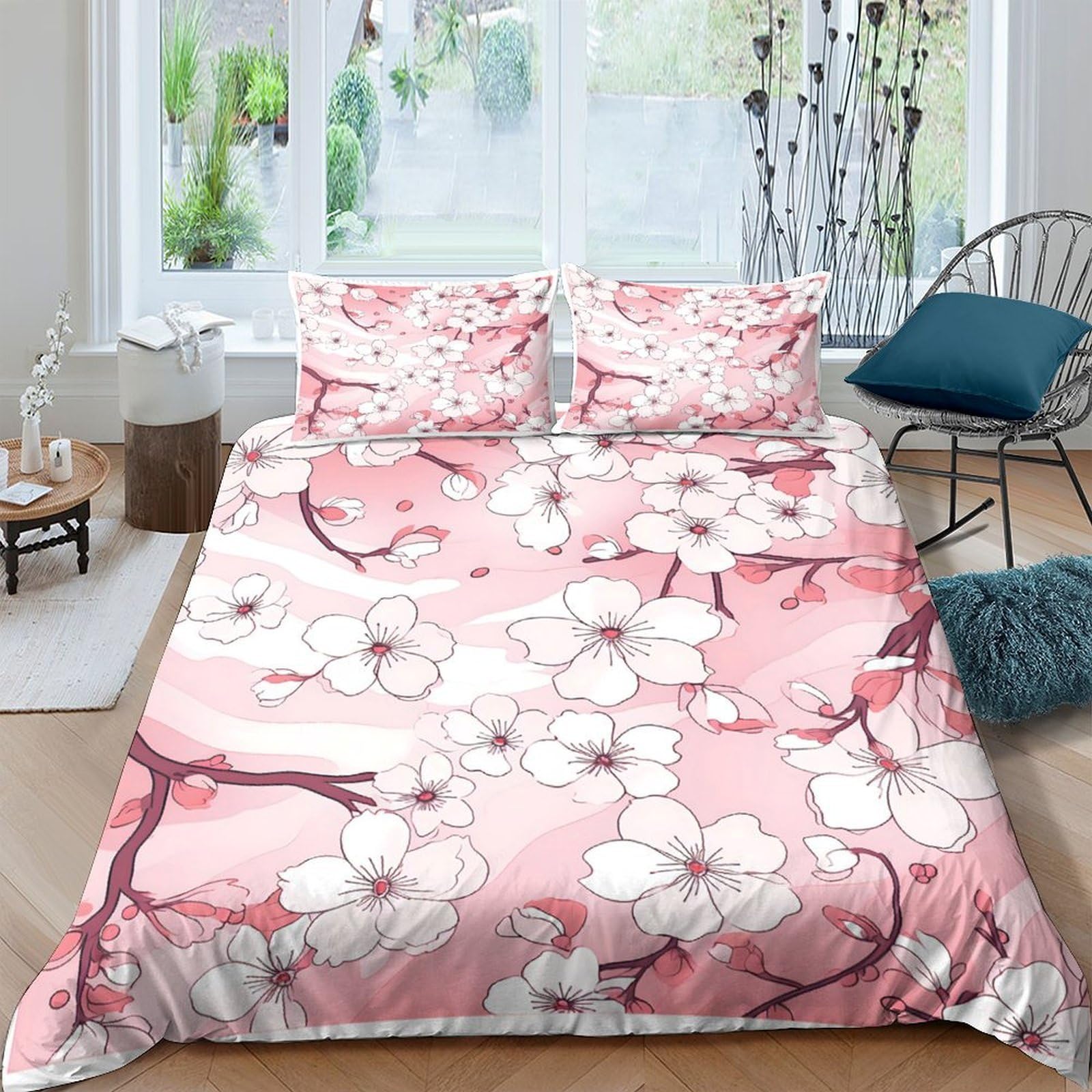 Ctjqhvkz Style-3 3D Printed Cherry Blossom Fitted Sheet Microfiber Soft Pink Floral Bed Cover For Bedroom Guest Room Decor Single（135X200cm）