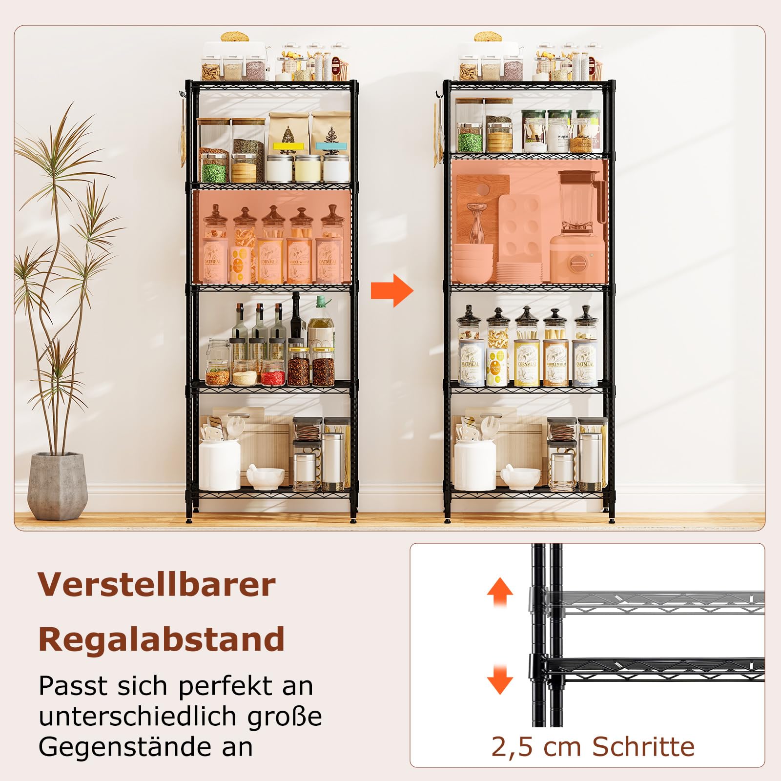 FANTASK Mehrstöckiges Metall-Schwerlastregal, Organizer mit Verstellbare V-Drahtgitter, Schwerlast-verstellbares Universalregal für Zuhause, Küche & Garage (5-stöckig)
