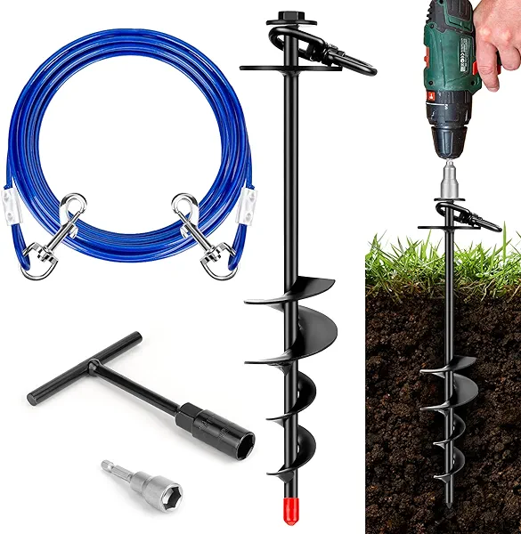 HEPFLANZE Dog Tie Out Stake, Heavy Duty 360°Swivel Dog Outside Lead Cable, Screw in Spike Auger Ground Stake Anchors with Power Nut Drill Bit, T Wrench and Leash, for Yard Camping Beach