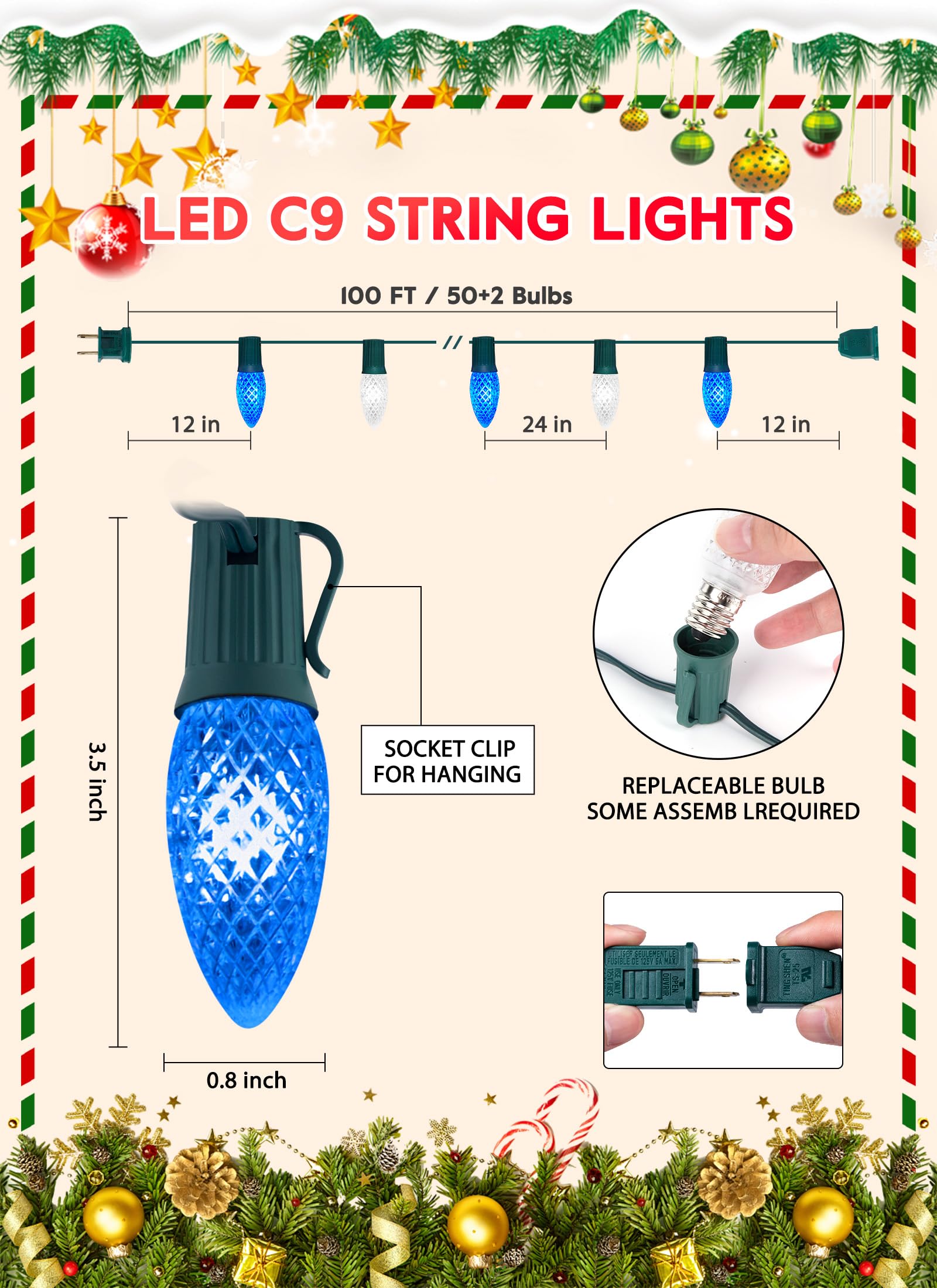 Christmas Lights Outdoor Brightown 66ft C9 LED Christmas Lights - 100 ...