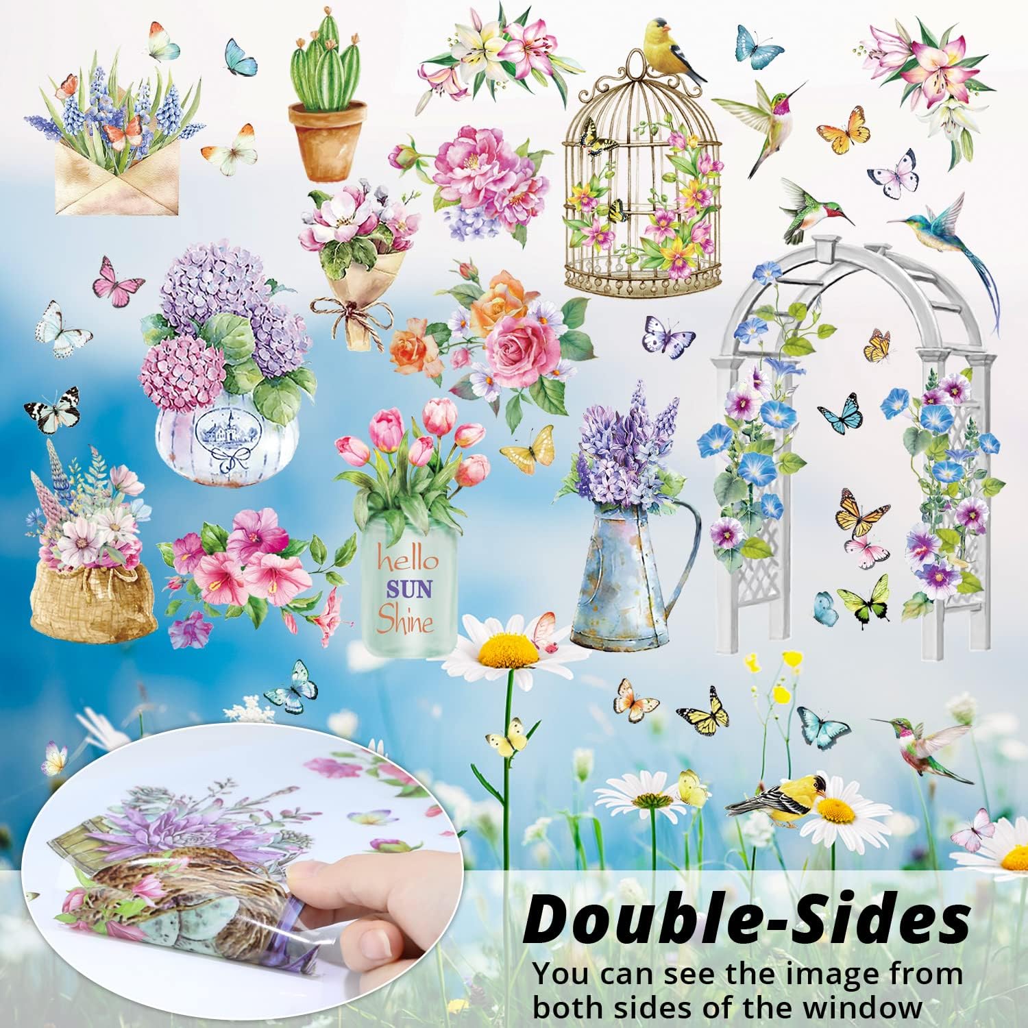 Large Size Summer Window Clings, 6 Sheets Double-Side Quality Printed Flower Butterfly Floral Stickers Window Decorations for Home, Colorful Static clings Spring Summer Window Decor Stickers