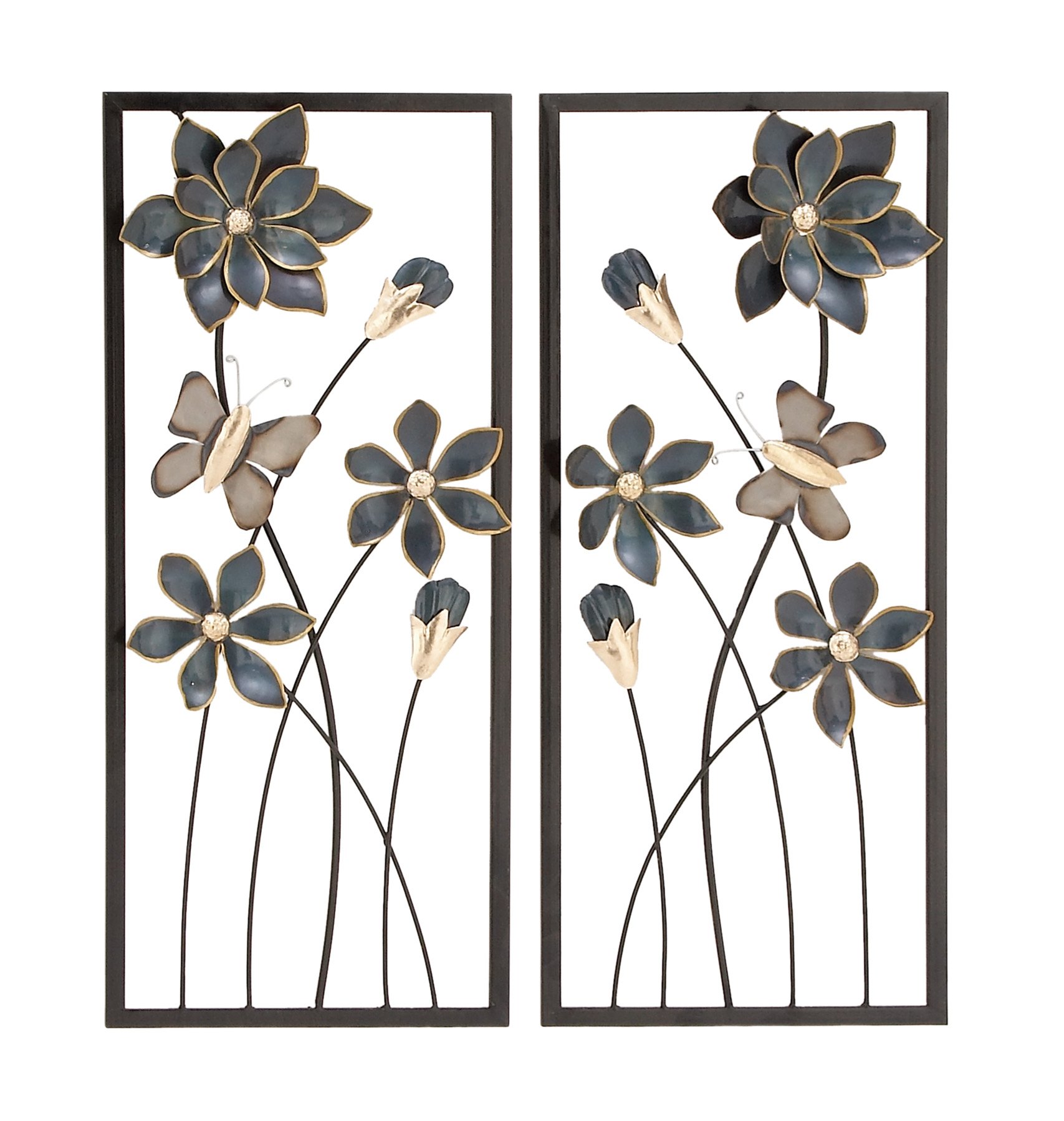 deco 79 metal floral home wall decor wall sculpture with black frames and butterfly accents, set of 2 wall art 12"w, 28"h, teal