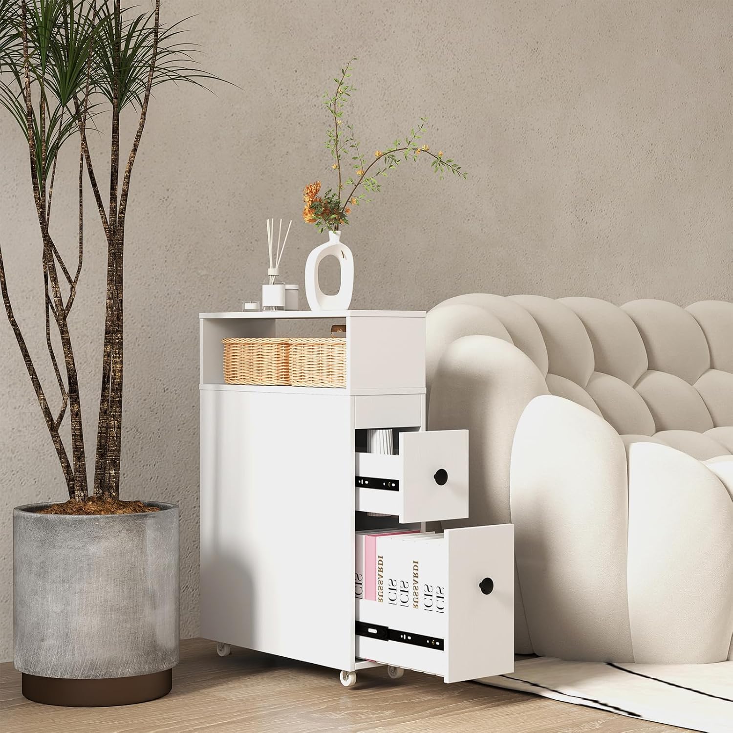 LOKO Slim Bathroom Storage Cabinet with Wheels, Narrow Toilet Side Cabinet with Drawers, Removable Storage Baskets, Toilet Brush Holder, Movable Bathroom Organizer or Skinny Corner, Narrow Spaces