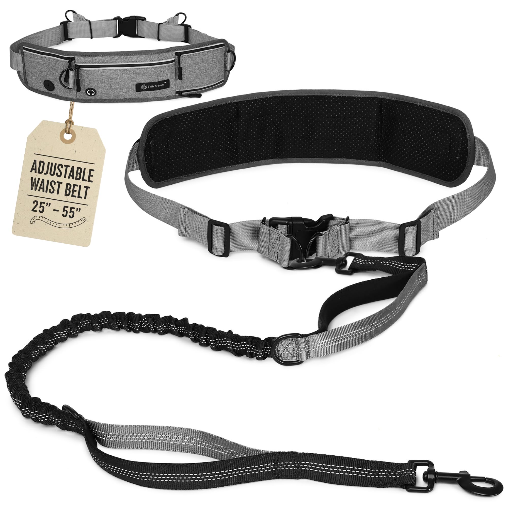 Tails & Tales Hands Free Dog Leash with Waist Pouch, Lumbar Support Upgraded, Bungee Reflective Leash, Adjustable Belt 25-55", Walking Running Hiking Training for Dogs Up to 125lbs (Gray, One Dog)