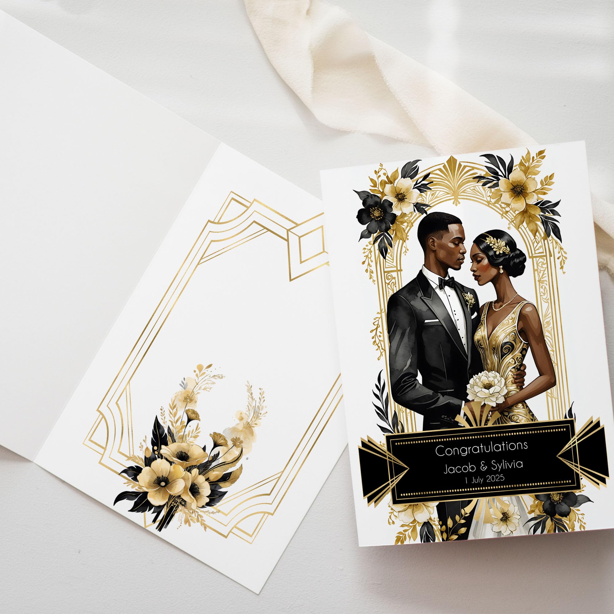 Personalised Art Deco style Black Couple Wedding Card
