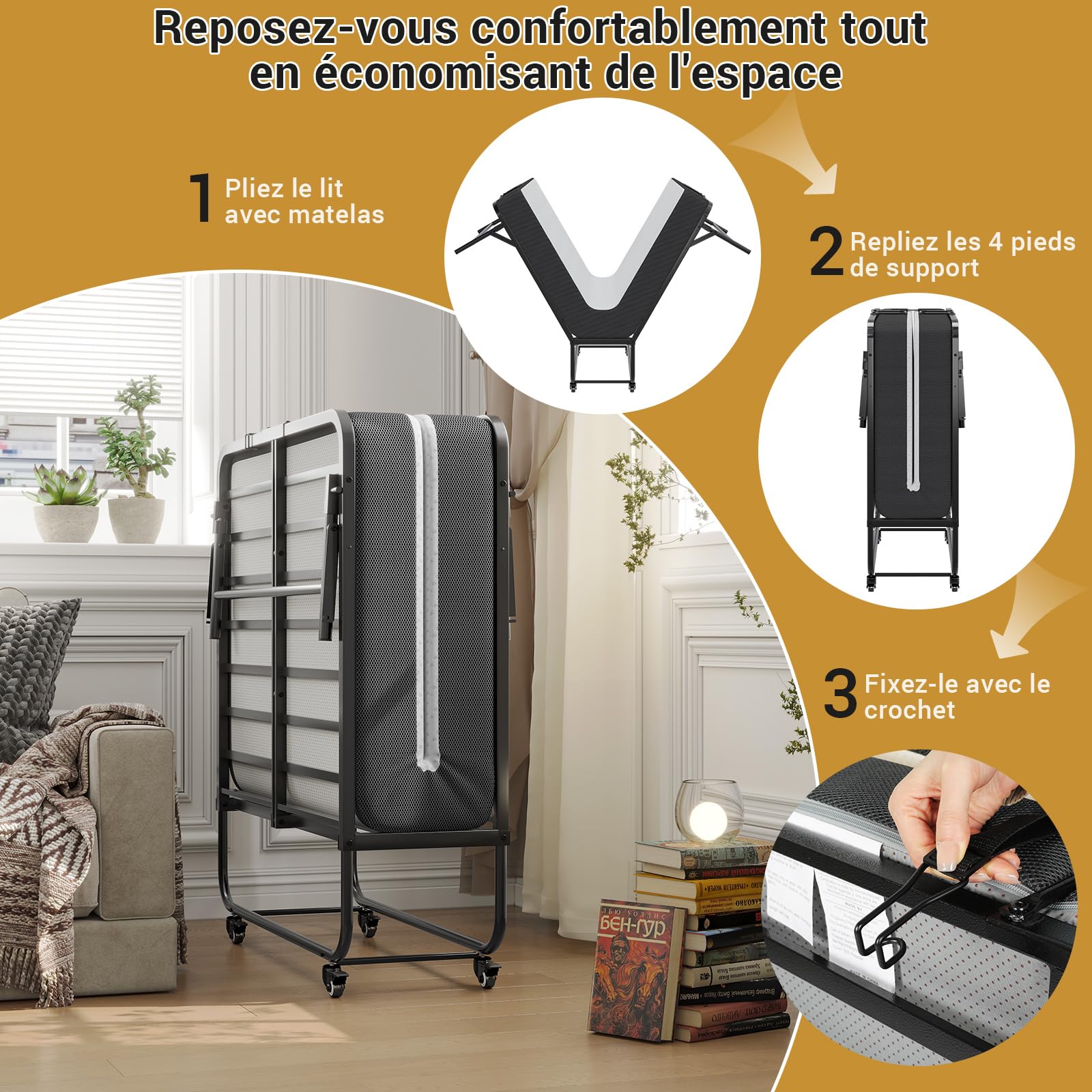 Brinlawb Lit Pliant 1 Personne 90x200 cm avec Matelas, Lit Pliable Adulte avec Matelas en Mousse de 10 cm, Lit d'appoint 1 Personne avec Cadre de lit en métal et 4 roulettes, Charge 250 kg, Noir