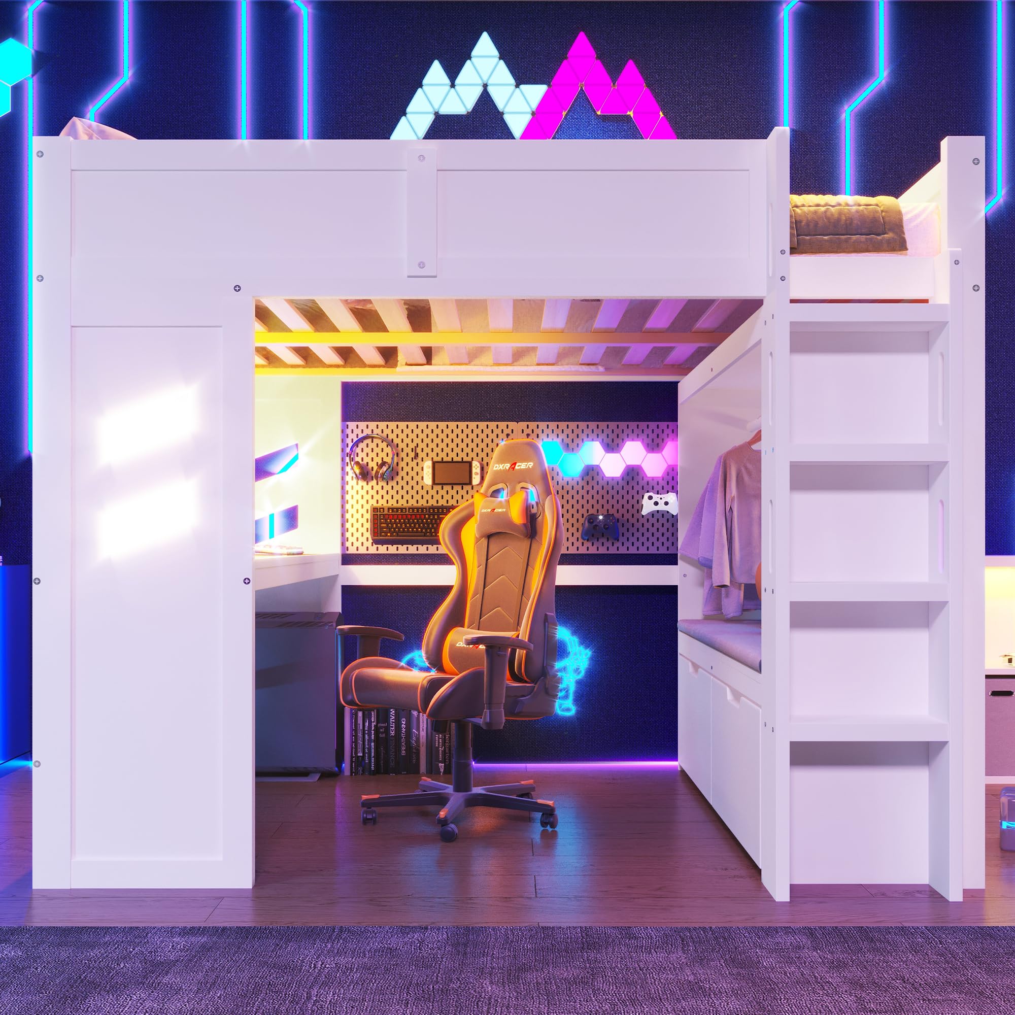 Anself Hochbett, 140x200cmGaming, Bett mit Schreibtisch, Mit LED-Leuchten, 1 USB-Anschlüssen, 1 Typ-C ausgestattet, Leiter, Schreibtisch,Schublade, Wäscheständer, Ohne Matratze, Weiß