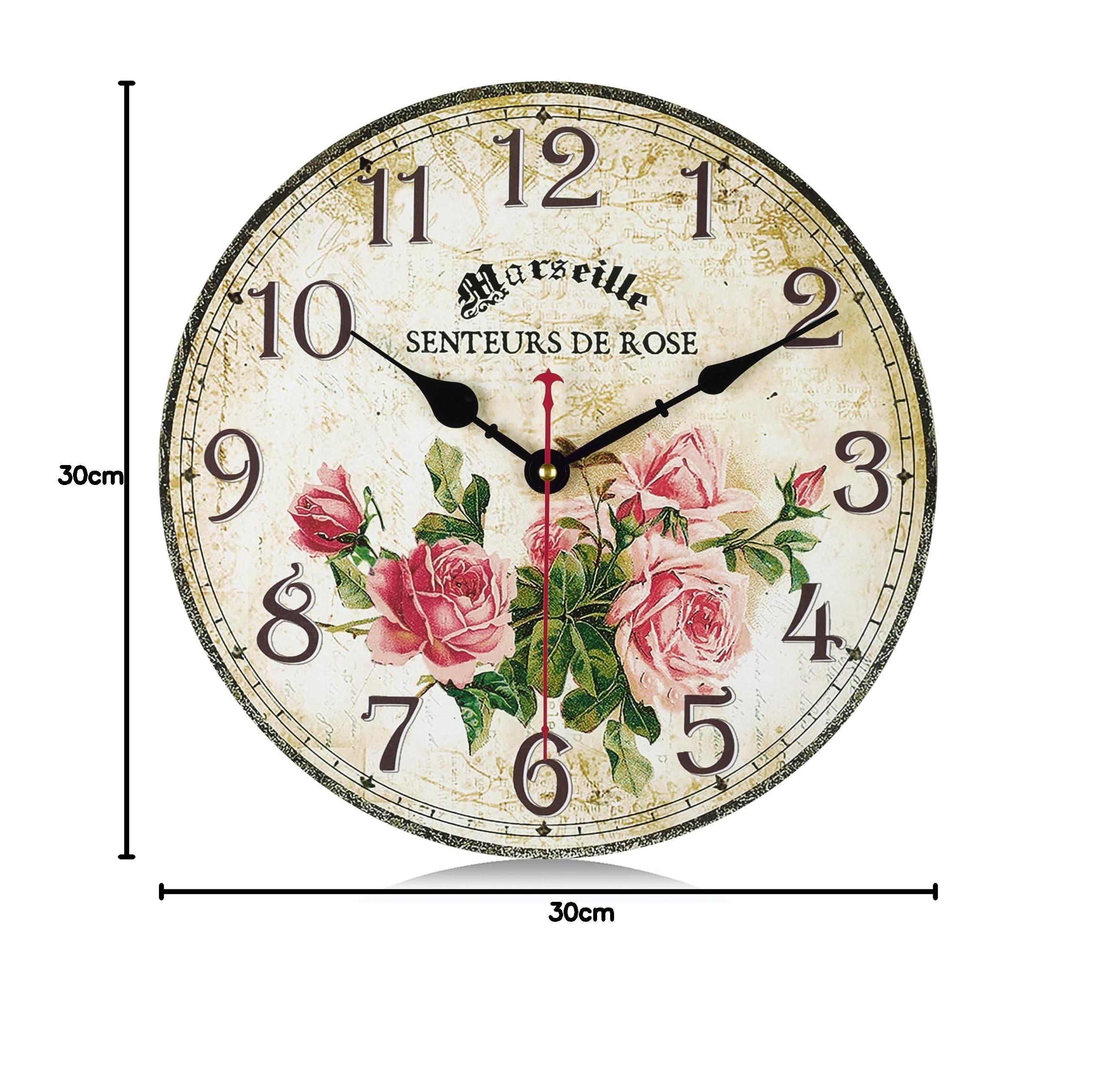 Lafocuse Cichy nietykający drewniany zegar ścienny z różowymi kwiatami róży, zasilany bateriami, vintage, shabby chic, rustykalny dom wiejski, zegary kuchenne, dekoracja ścienna, do salonu, sypialni