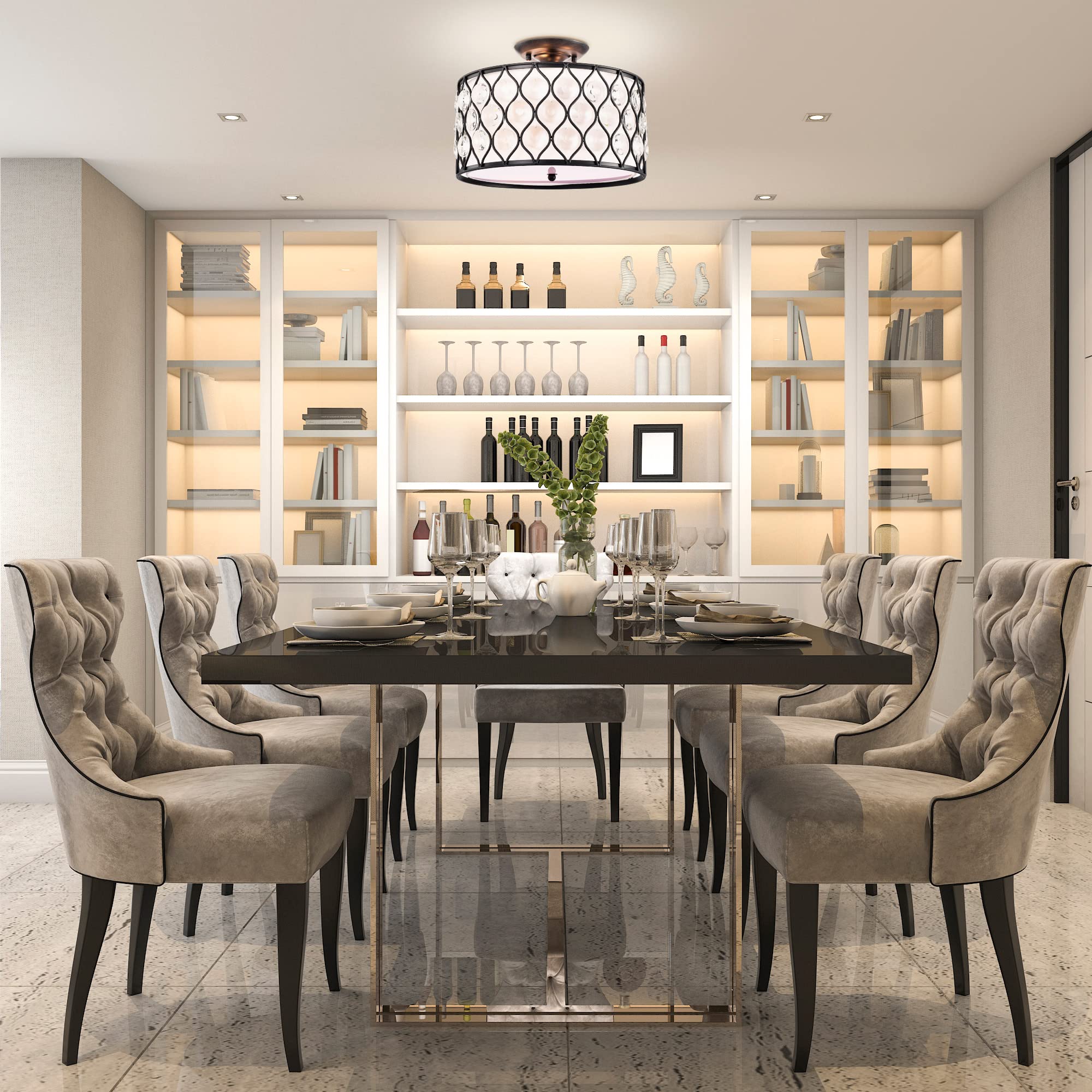 Edvivi Semi Flush Mount Ceiling Light, 3-Light Modern Entry Light Fixture with Drum Shade for Bedroom, Dining Room, Kitchen, Hallway, Entry, Living Room, Antique Black Finish with Crystals