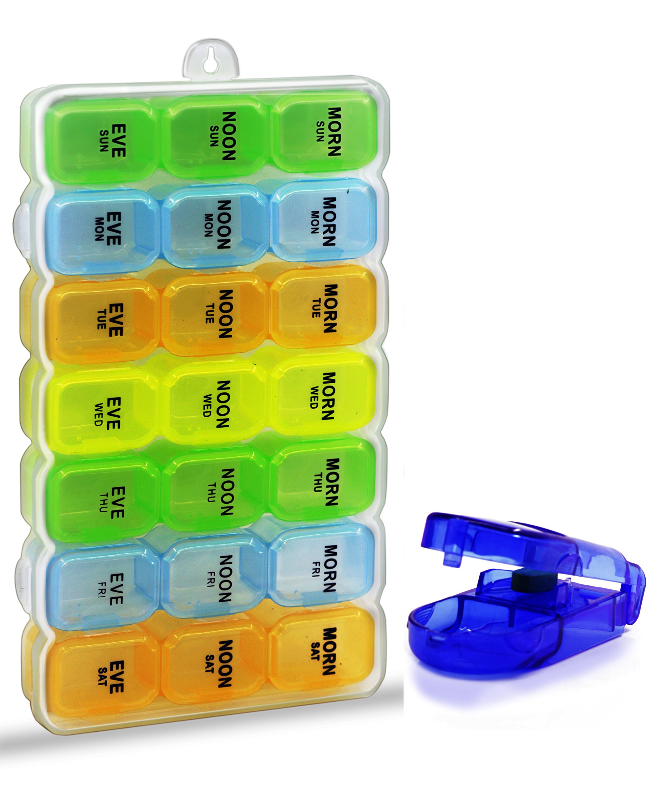 Hll Mart Small to Medium Sized Easy Open 7 Day Travel Pill Organizer Box Weekly Case Prescription & Medication Vitamin Organizer Rainbow Reminder Daily With Tablet Cutter (828)