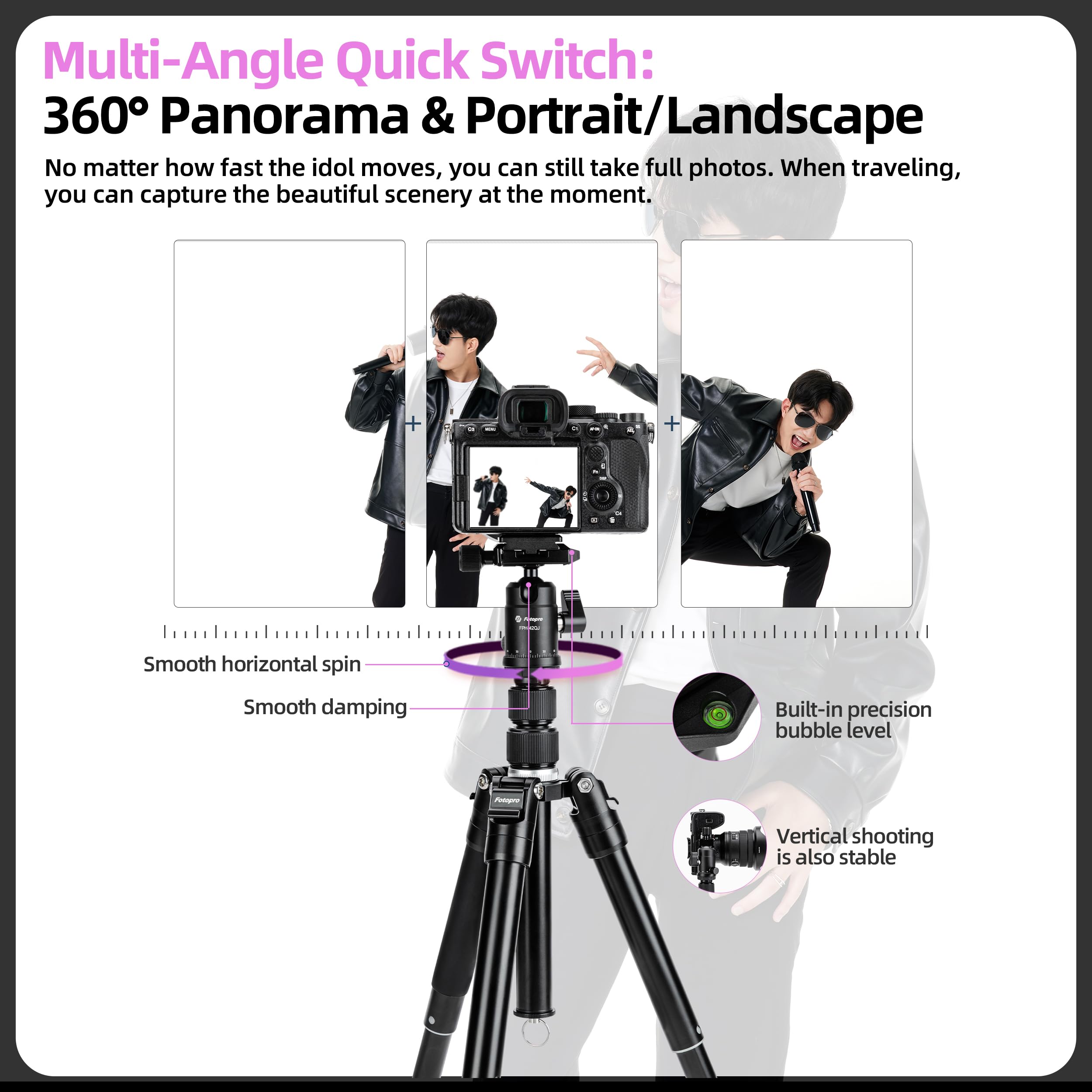Fotopro Mini-Stativ, 147,3 cm, leicht, kompakt, Reisestativ mit 360-Grad-Kugelkopf-Handyhalterung, abnehmbarer Selfie-Stick, Kamera-Handy, maximale Traglast bis zu 4 kg, FY-830 (Schwarz + Orange)