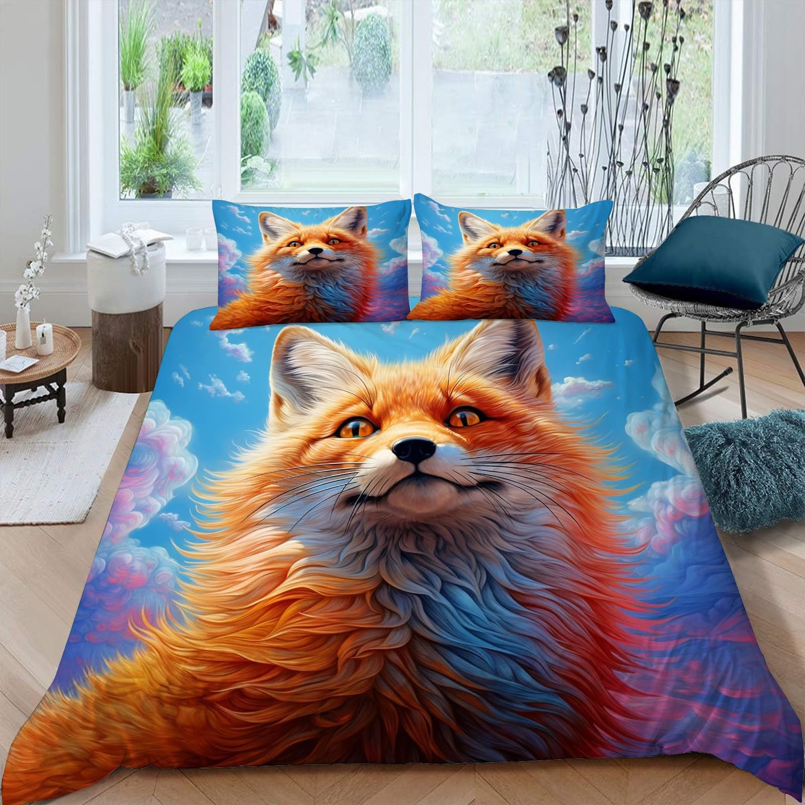 Copripiumino Matrimoniale 250x200 Fox Ai Animale Biancheria da Letto Morbido Microfibra Copri Piumone e 2 Federe Abbinate, con Zip, Ipoallergenico