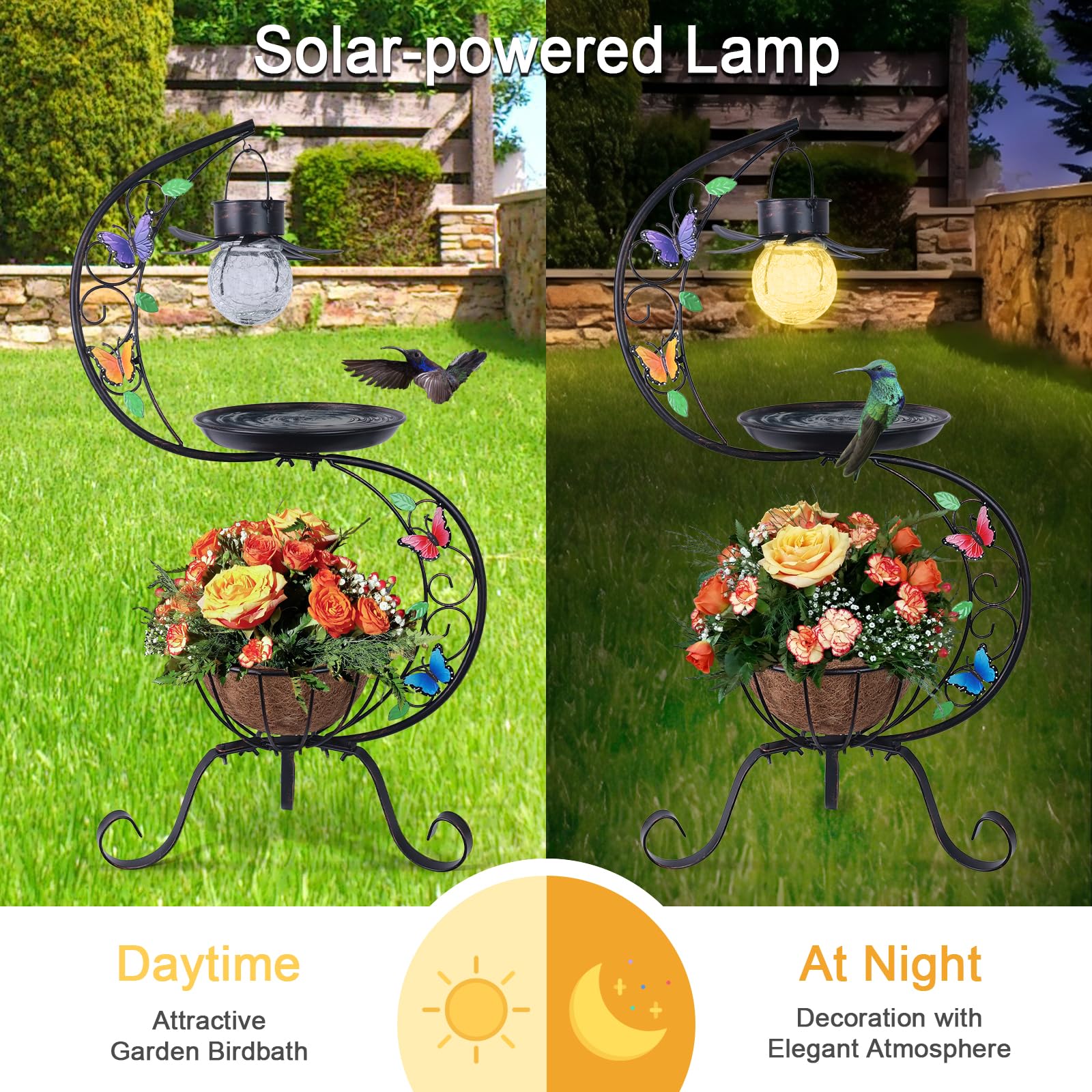 hogardeck Vogeltränke für Außen mit Solarlampe, Metall-Vogeltränke für den Außenbereich mit Blumen-Pflanzgefäß-Sockel, Vintage-Vogeltränke für Garten, Hof, Terrasse, Rasen-Dekor