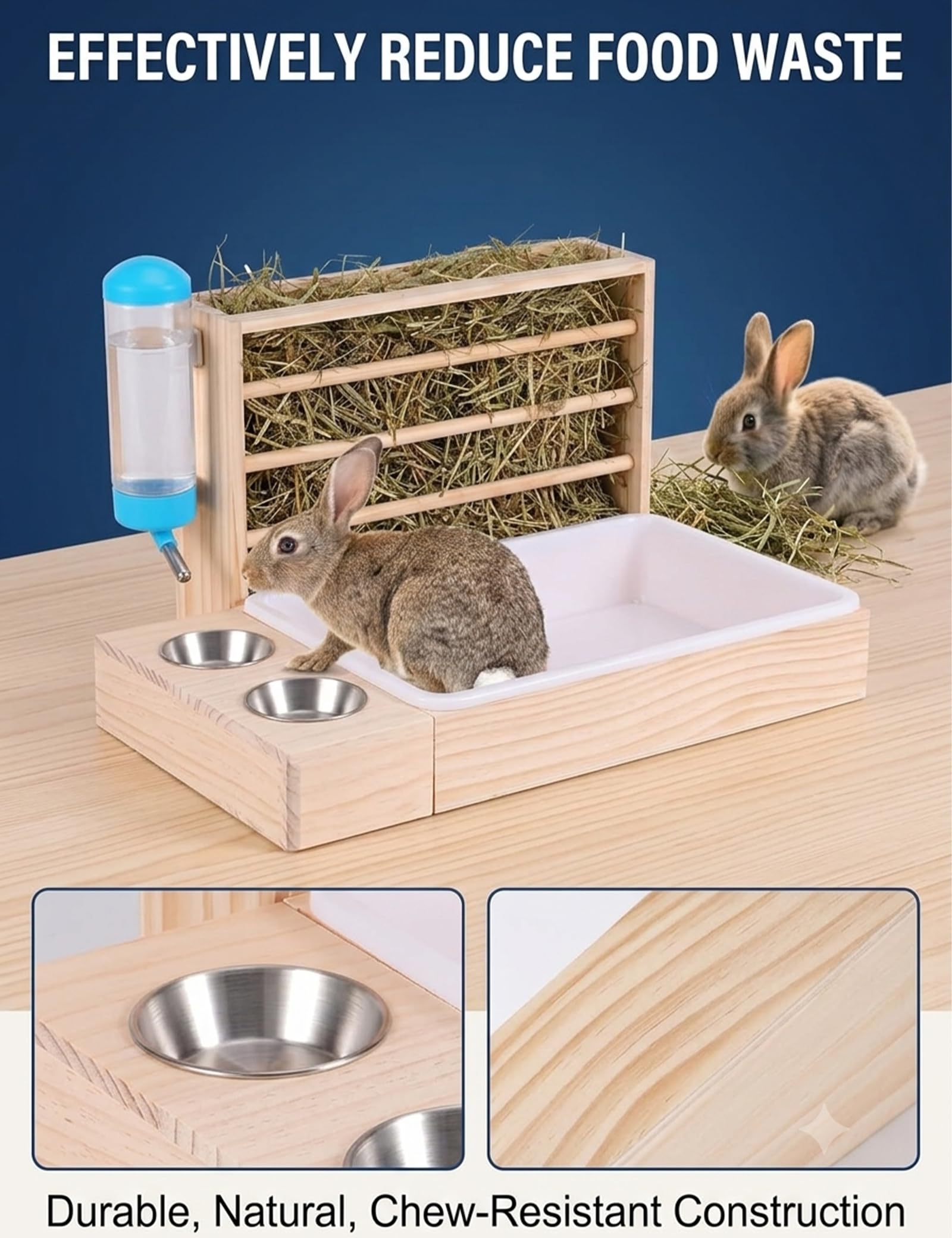 Mangiatoia per Fieno Per Conigli in Legno, 3-in-1 Distributore Cibo per Conigli con 2 Ciotole in Acciaio Inossidabile & Lettiera