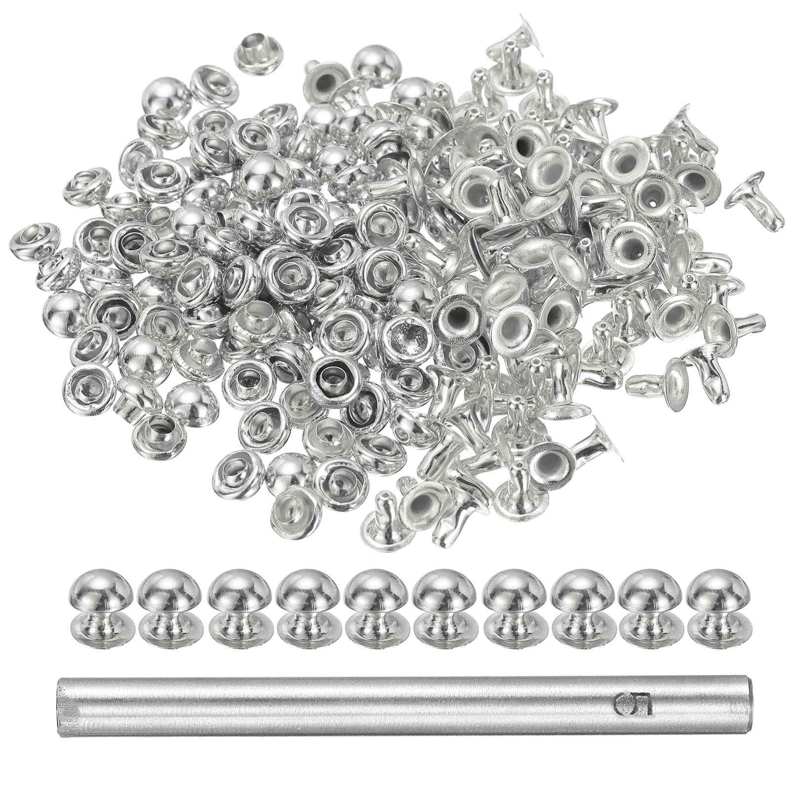 sourcing map 100pcs Round Dome Leather Rivets 5mm Leather Rivets Rapid Punk Spikes Leathercraft Decoration with Hole Punch for Rock Nailheads Clothing Belts Bags Shoes, Silver — image 1