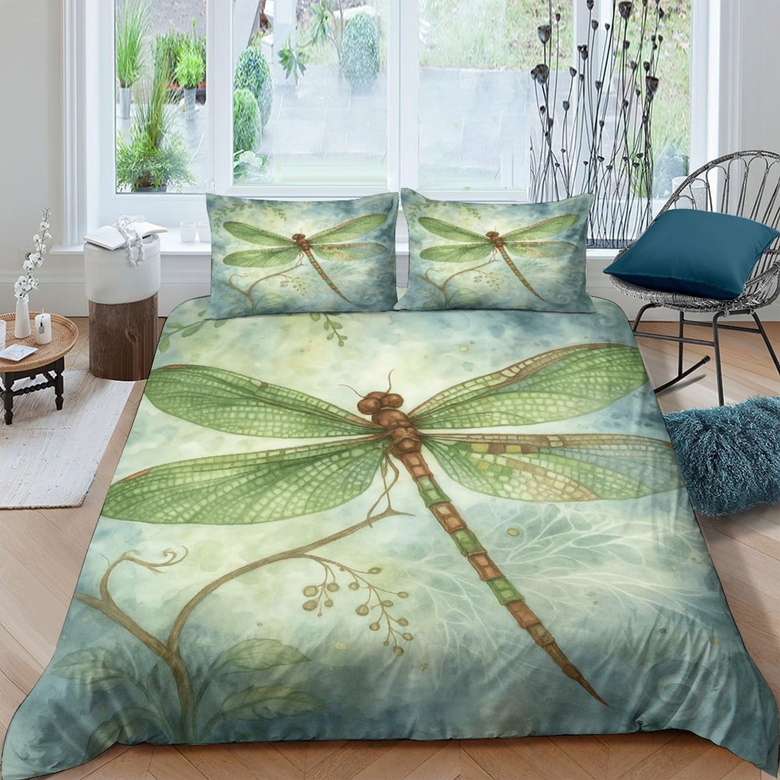 Ctjqhvkz Style-8 3D Printed Green Dragonfly Fitted Sheet Microfiber Soft Breathable Watercolor Nature Bed Cover For Bedroom Guest Room Decor Single（135X200cm）