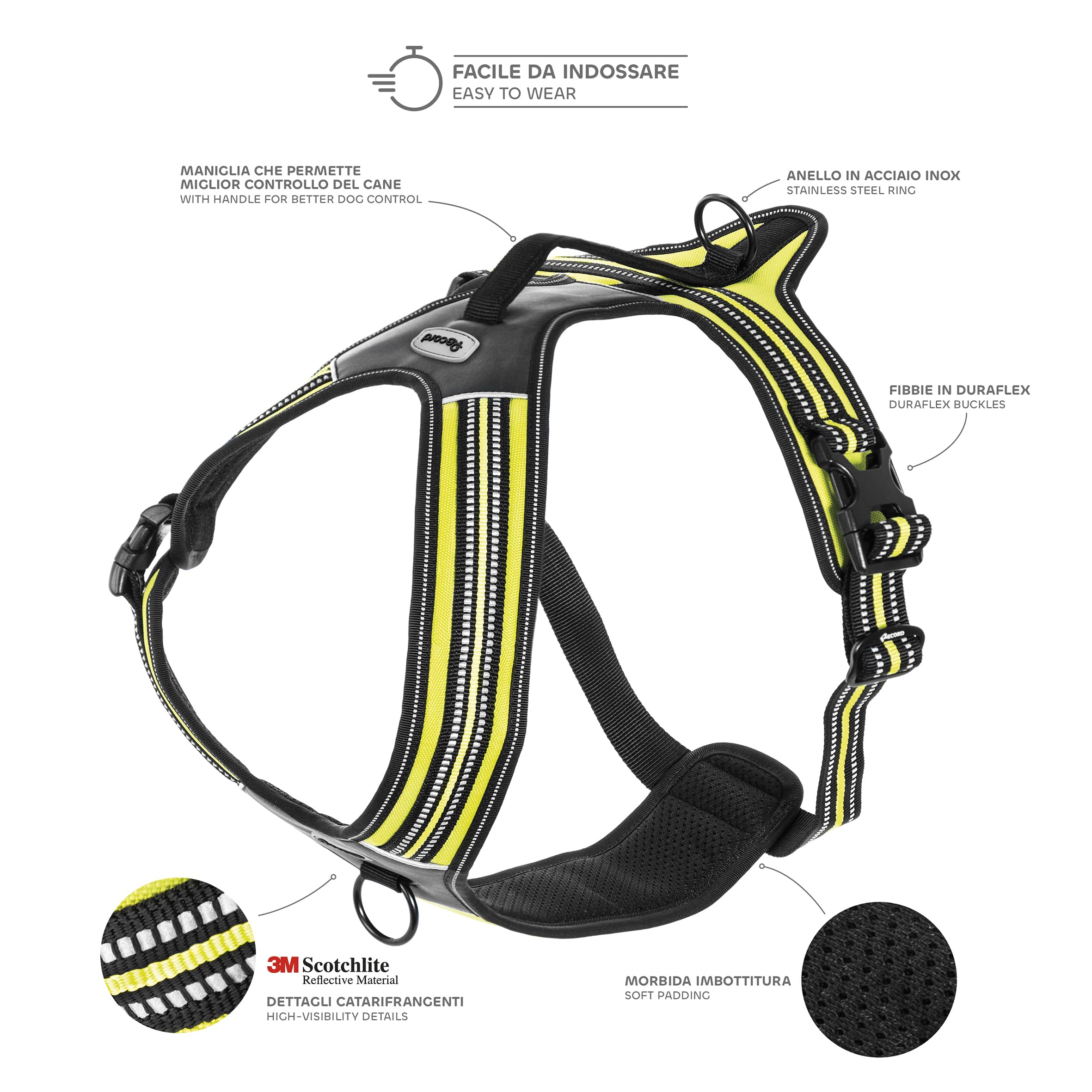 Record Hundegeschirr Action Alpi aus Geflochtenes Nylon Mit 3M ScotchLite Reflektierende Bänder | Farbe Gelb, Größe L, Umfang 70-95 cm
