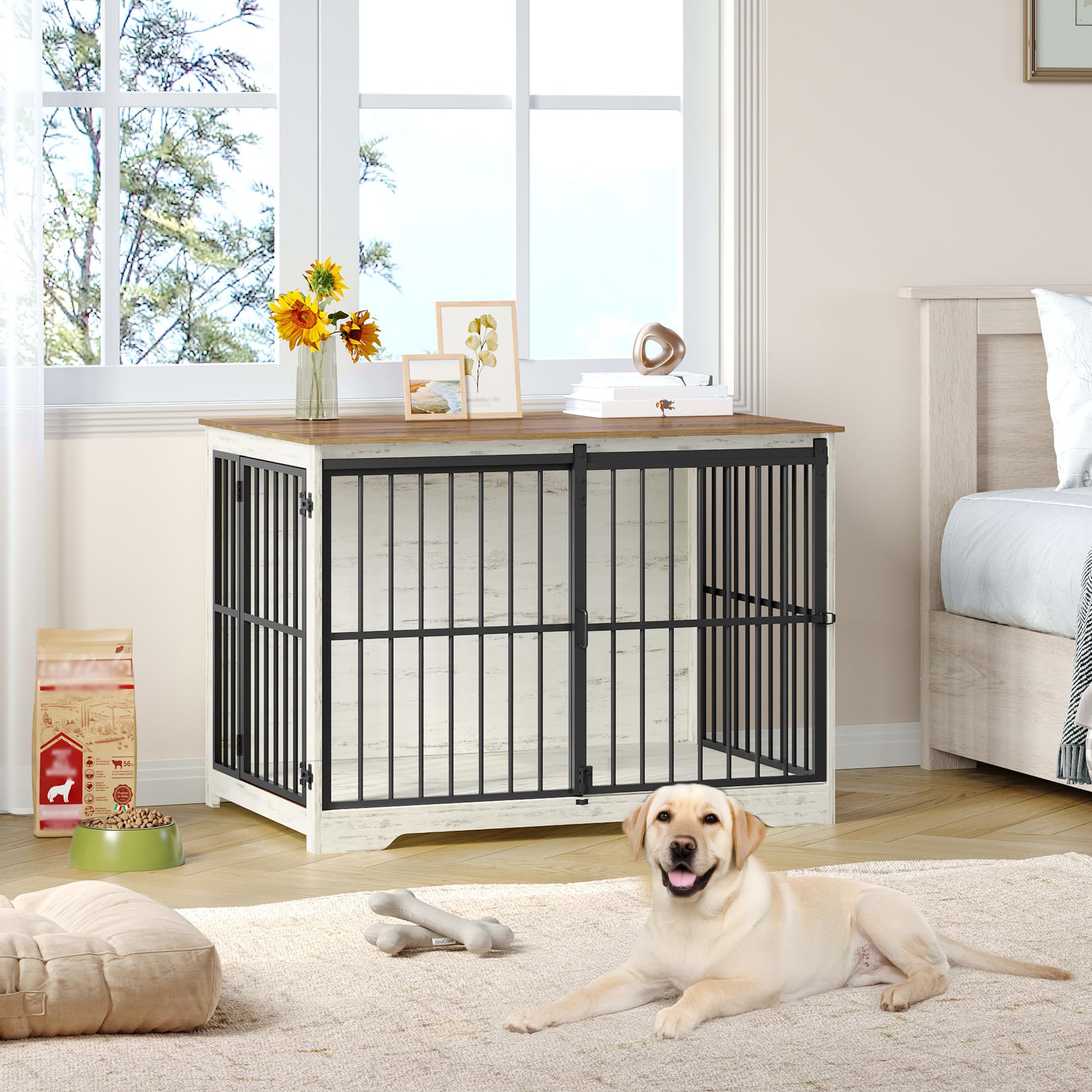 Hzuaneri 110cm Jaula para Perros, Mesa Auxiliar, casa Moderna para Perros, Jaula para Cachorros, dúplex para Animales, 2 Puertas, 65 × 110 × 81 cm, Blanco Marrón DFC84414B