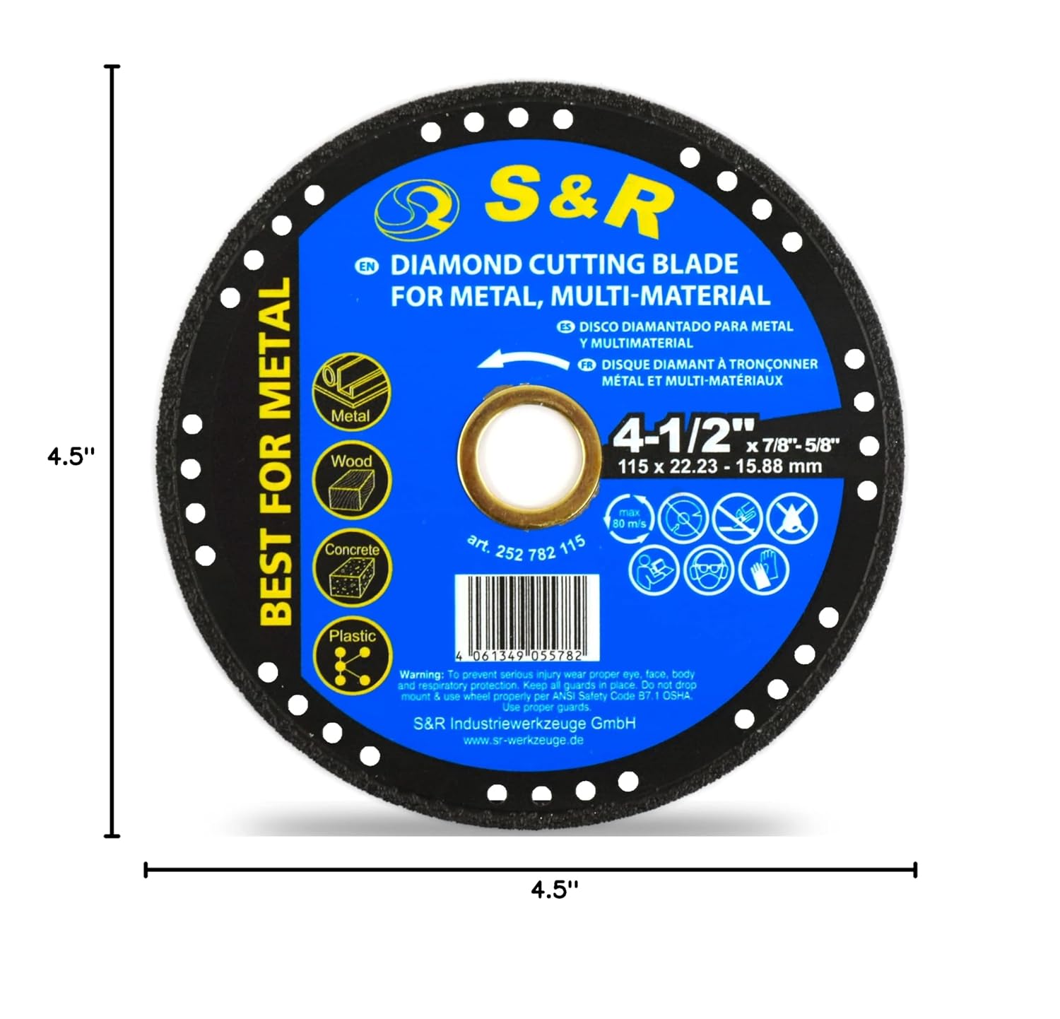 S&R 4.5 Inch Diamond Multi-Material Cutting Disc – Lasts 50x Longer, Low-Spark, Shatter-Resistant, No Wear – for Metal, Wood, Stone & Plastics – Angle Grinder Compatible