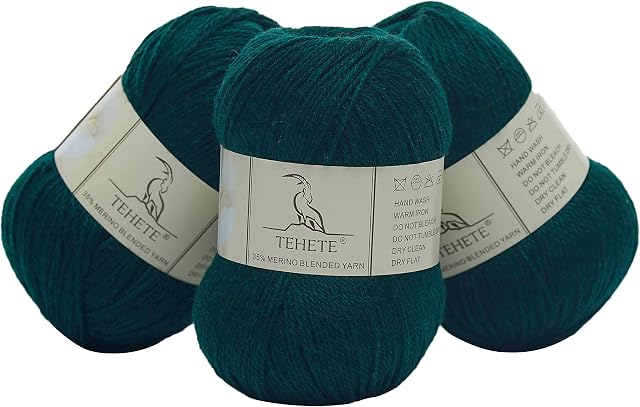 TEHETE Merino Wool Yarn for Knitting and Crochet Yarn 3ply 50g × 3 Balls soft and warm - Green
