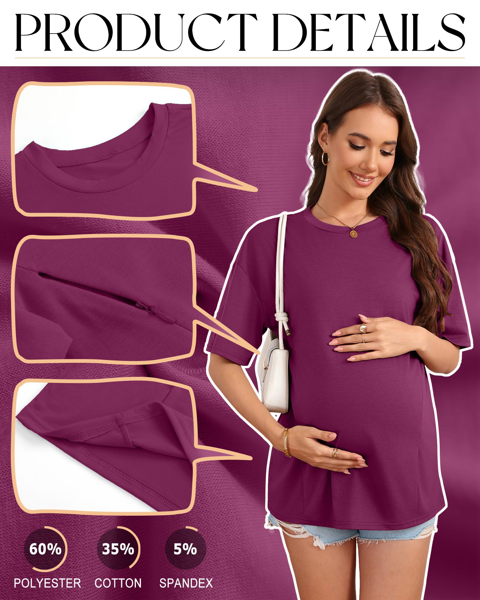 Xuniea Confezione da 3 Magliette Oversize da Donna per Allattamento, con Cerniera Nascosta, Maniche Corte e vestibilità Ampia