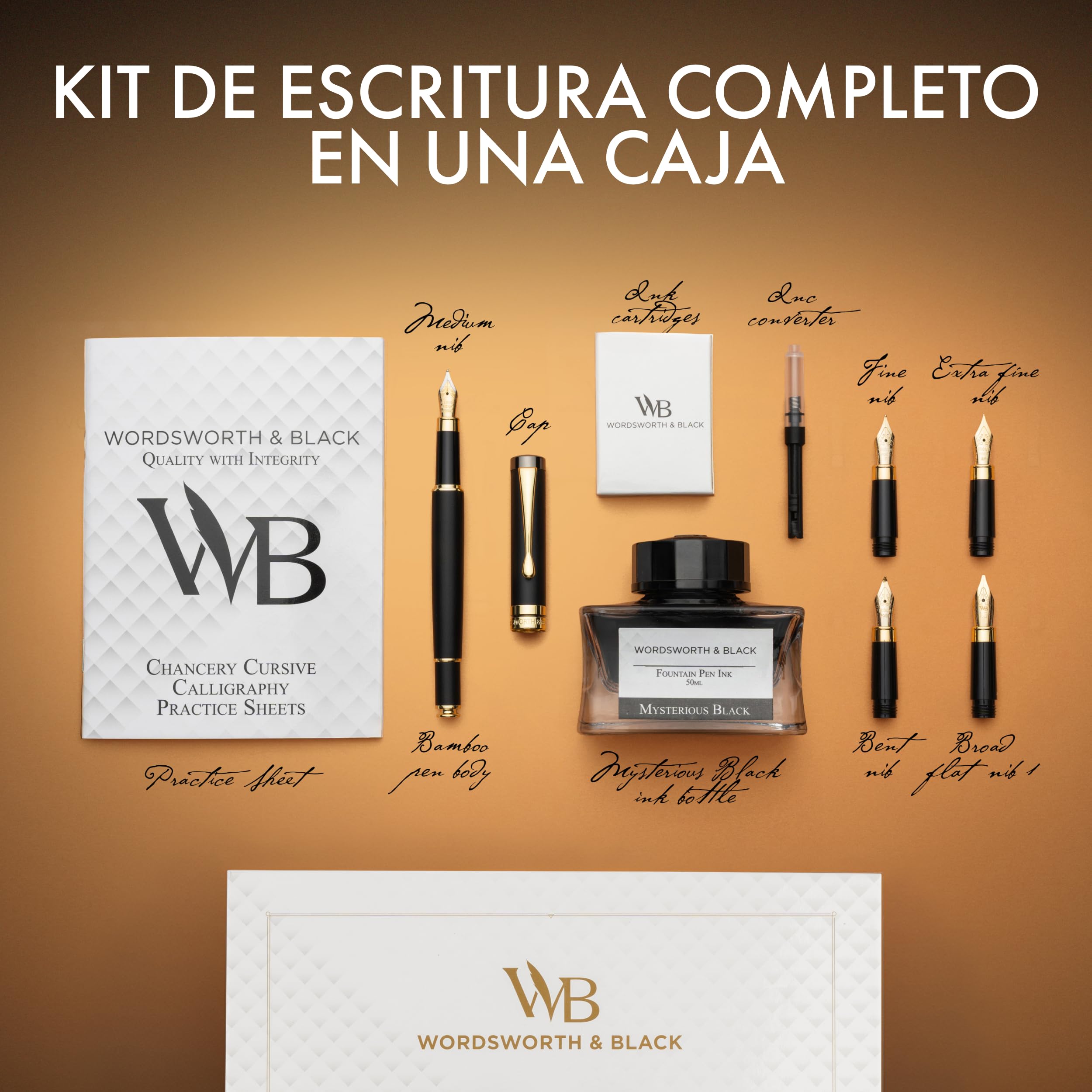 Wordsworth & Black Fountain Pen Gift Set, Incluye botella de tinta, 6 cartuchos de tinta, convertidor de recarga, 4 plumines de repuesto, bambú de lujo, caligrafía, plumas de escritura [Madera negra]