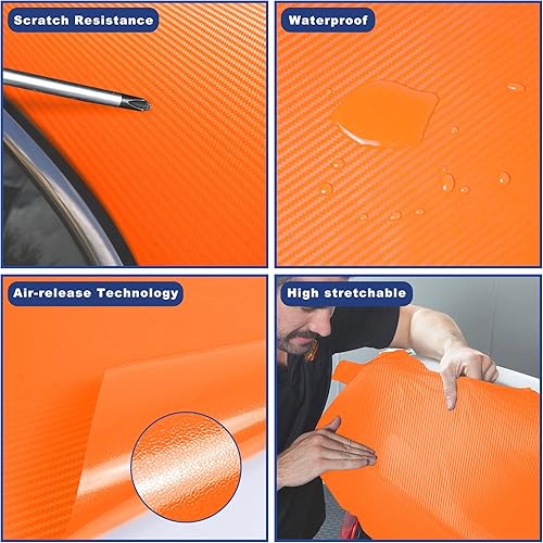 Miniatura 7 de Lypumso Envolturas de vinilo de fibra de carbono naranja 3D, autoadhesivas, calcomanías decorativas sin burbujas para automóviles, moto, bricolaje,